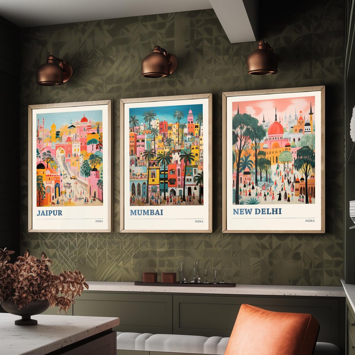 India Set of Three Travel Posters - Jaipur, Mumbai, New Delhi - Ludwig Folk Art Prints - Naive Painting