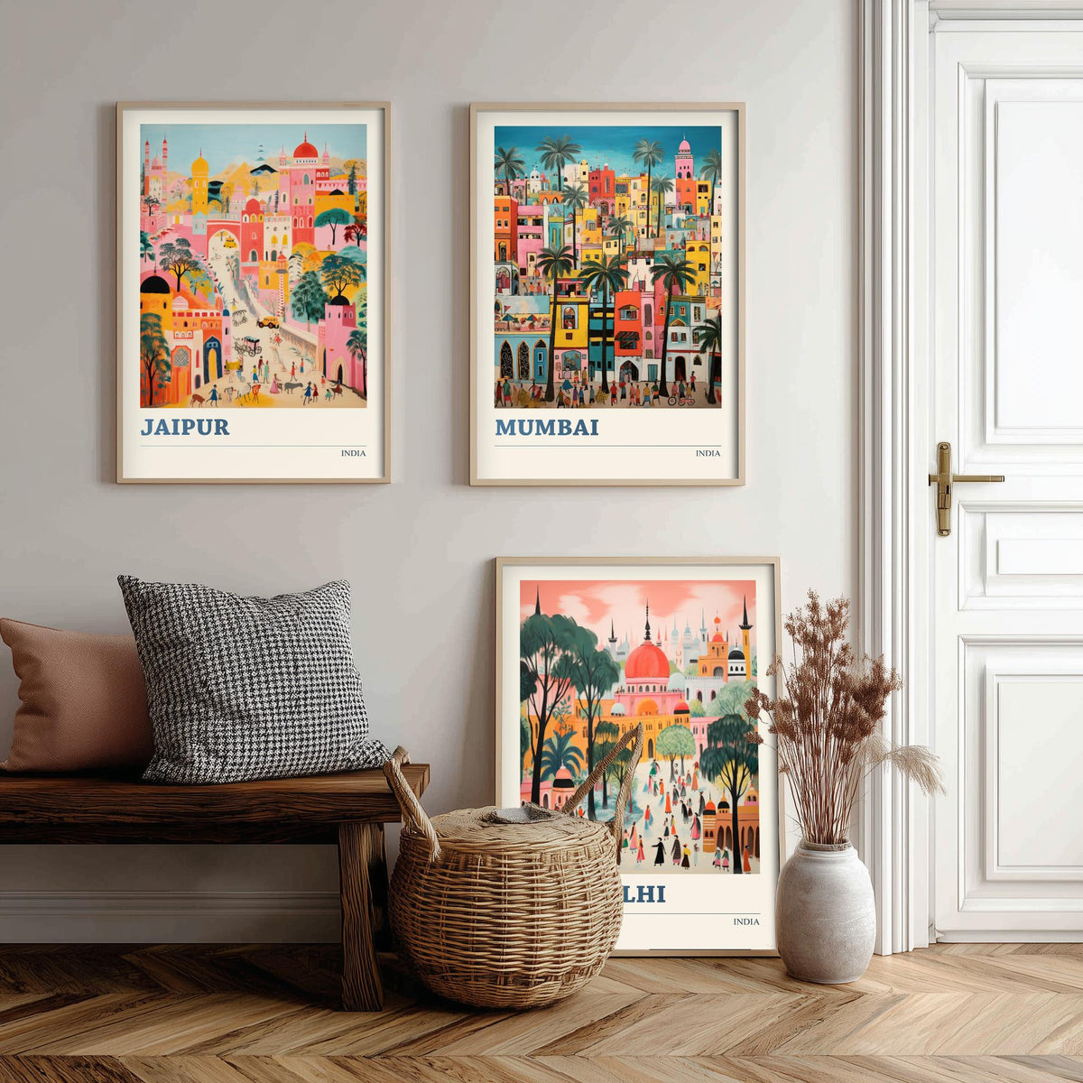 India Set of Three Travel Posters - Jaipur, Mumbai, New Delhi - Ludwig Folk Art Prints - Naive Painting