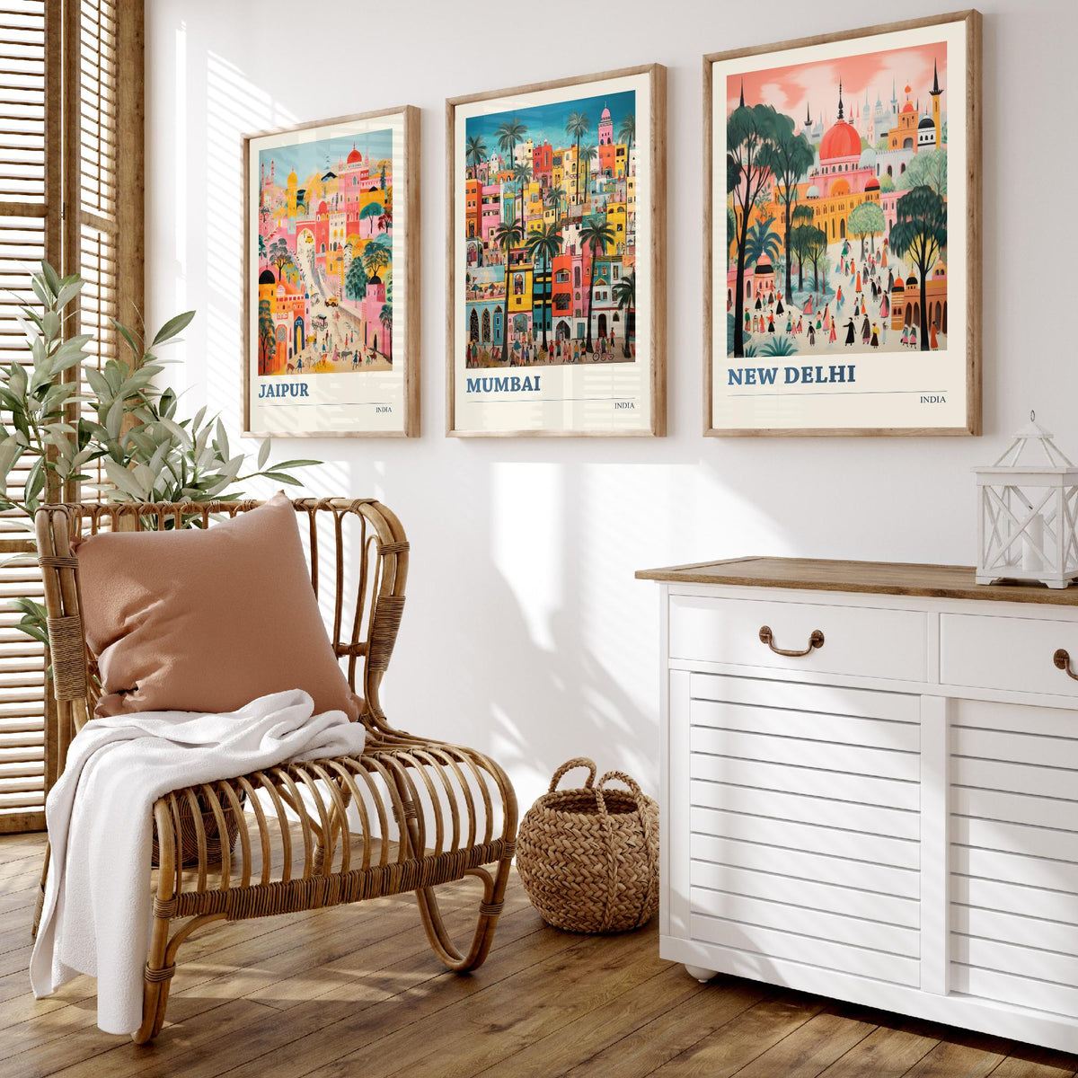 India Set of Three Travel Posters - Jaipur, Mumbai, New Delhi - Ludwig Folk Art Prints - Naive Painting