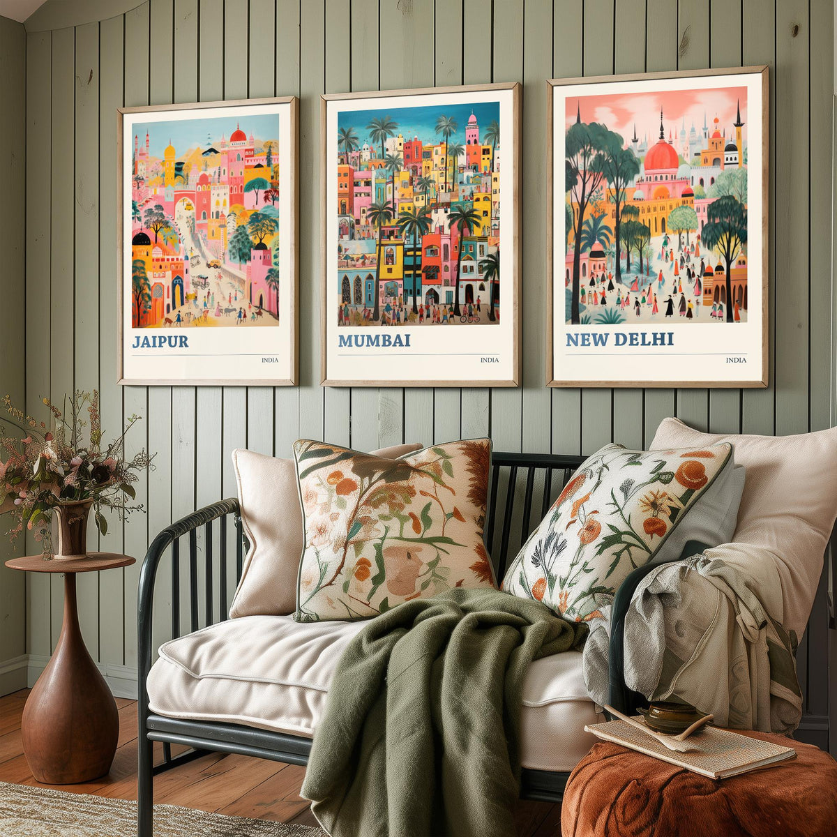 India Set of Three Travel Posters - Jaipur, Mumbai, New Delhi - Ludwig Folk Art Prints - Naive Painting