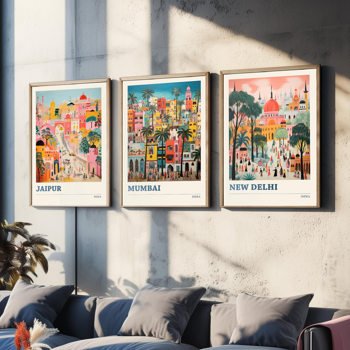 India Set of Three Travel Posters - Jaipur, Mumbai, New Delhi - Ludwig Folk Art Prints - Naive Painting
