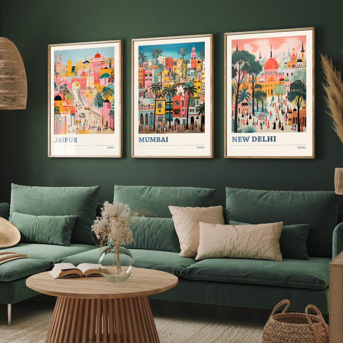 India Set of Three Travel Posters - Jaipur, Mumbai, New Delhi - Ludwig Folk Art Prints - Naive Painting