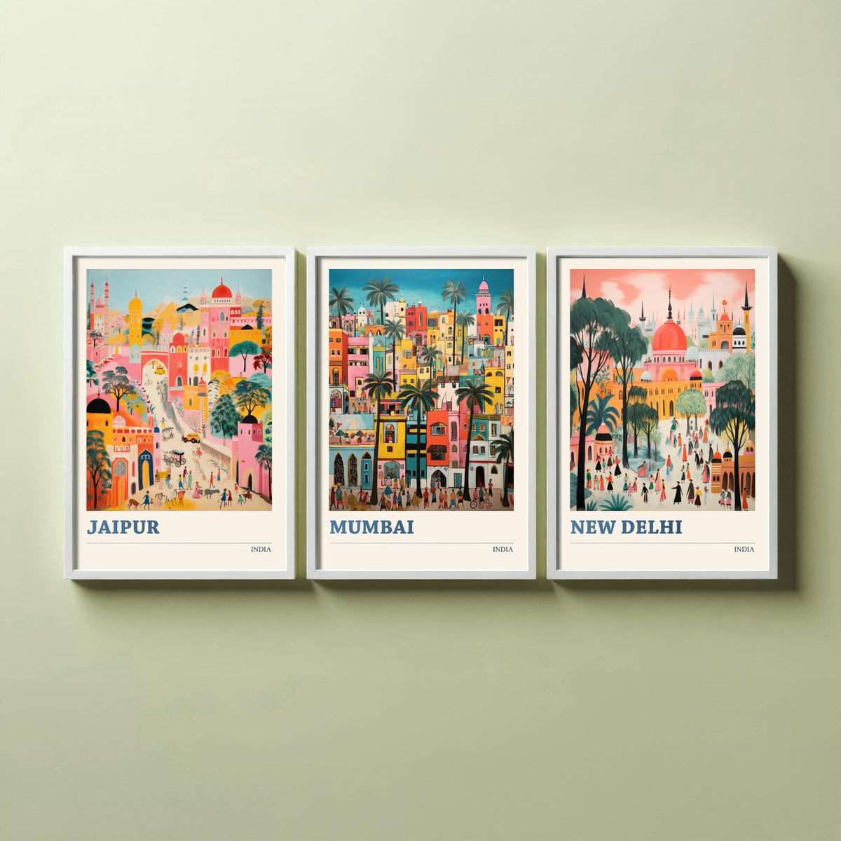 India Set of Three Travel Posters - Jaipur, Mumbai, New Delhi - Ludwig Folk Art Prints - Naive Painting