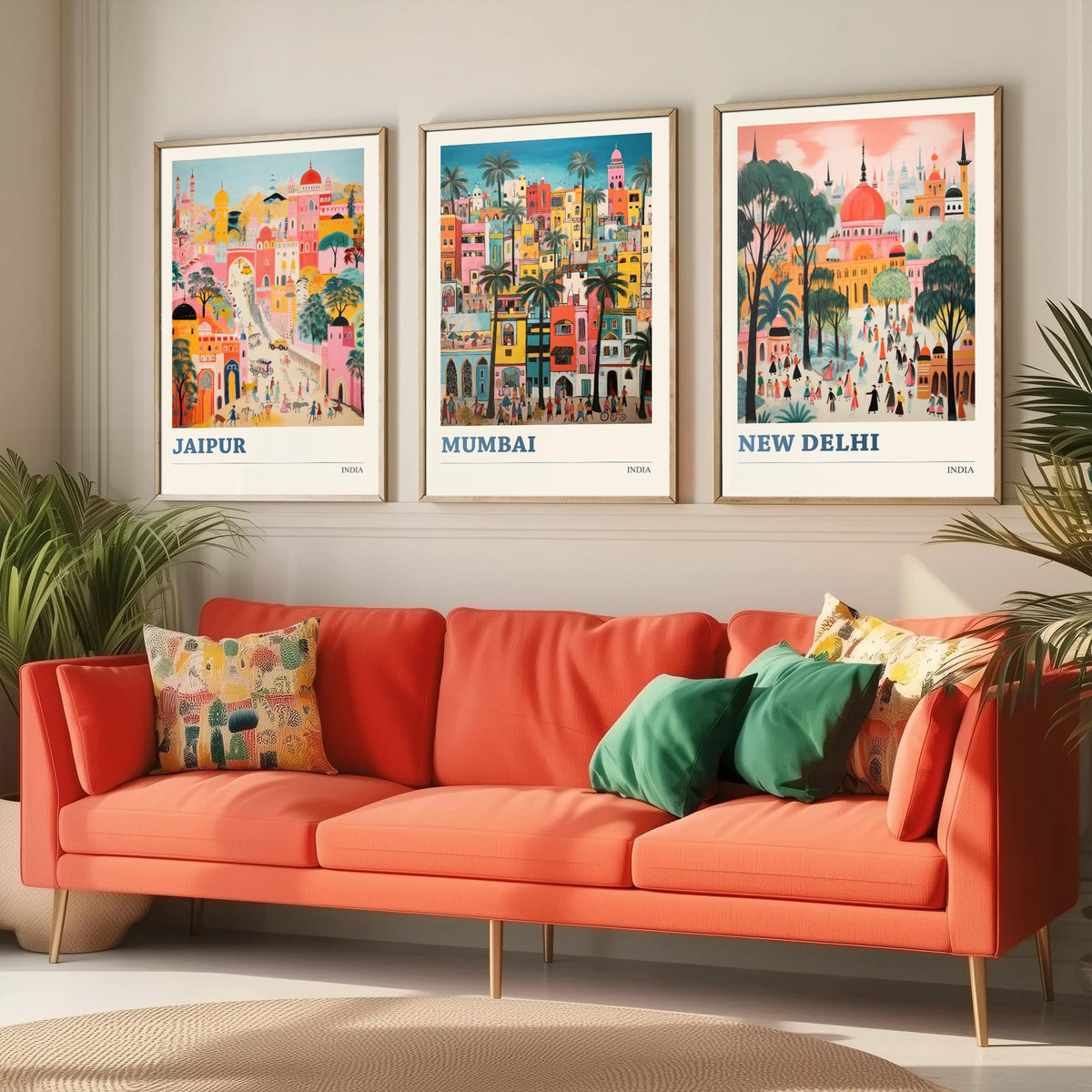 India Set of Three Travel Posters - Jaipur, Mumbai, New Delhi - Ludwig Folk Art Prints - Naive Painting