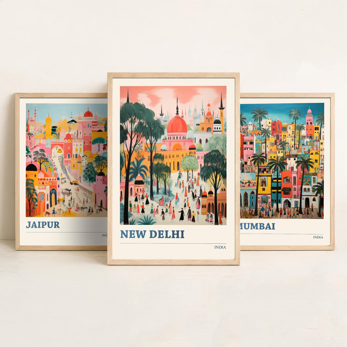 India Set of Three Travel Posters - Jaipur, Mumbai, New Delhi - Ludwig Folk Art Prints - Naive Painting