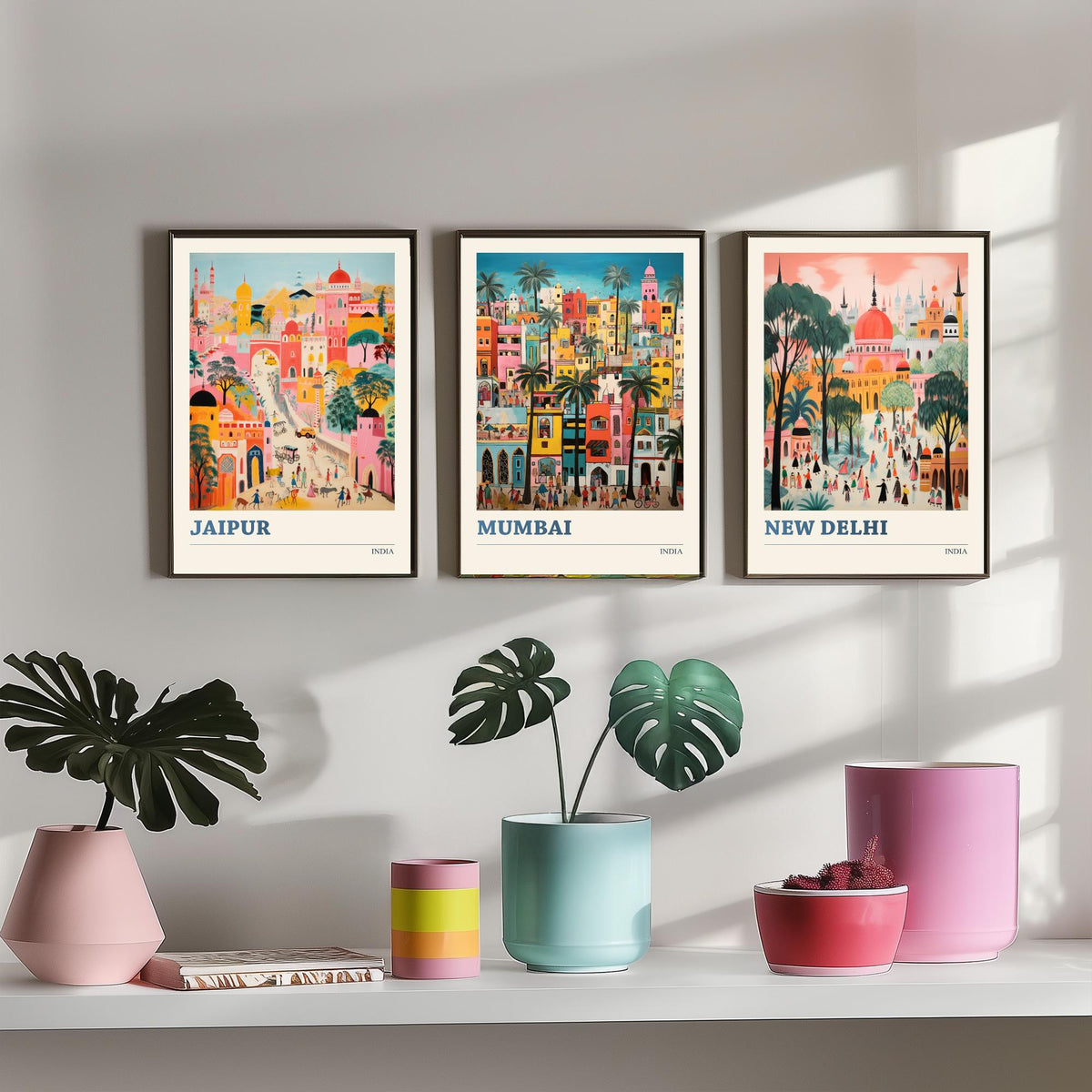 India Set of Three Travel Posters - Jaipur, Mumbai, New Delhi - Ludwig Folk Art Prints - Naive Painting