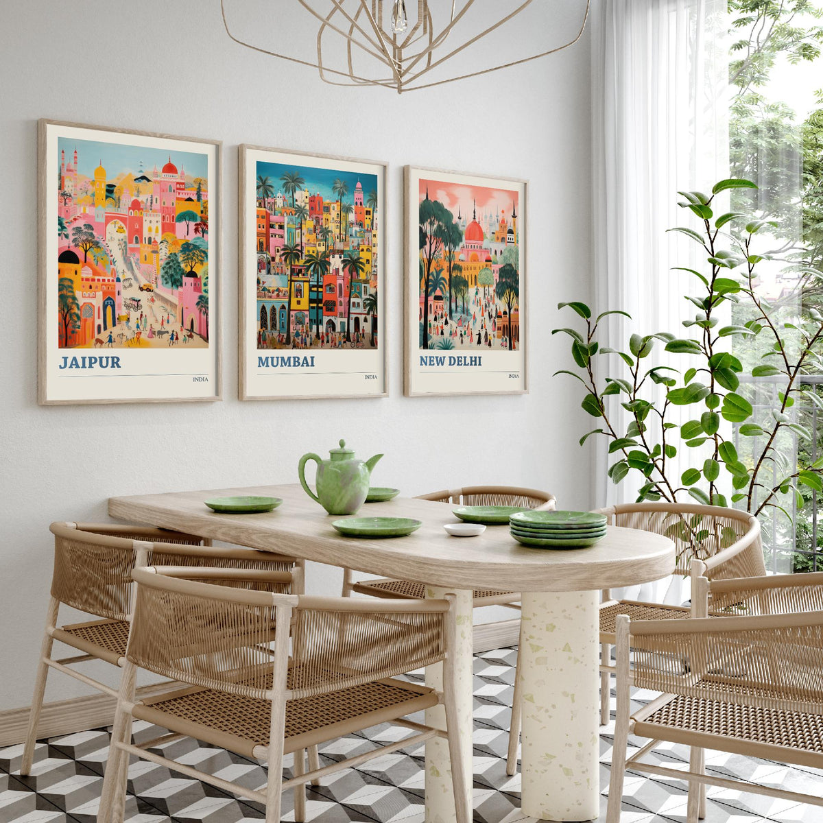 India Set of Three Travel Posters - Jaipur, Mumbai, New Delhi - Ludwig Folk Art Prints - Naive Painting