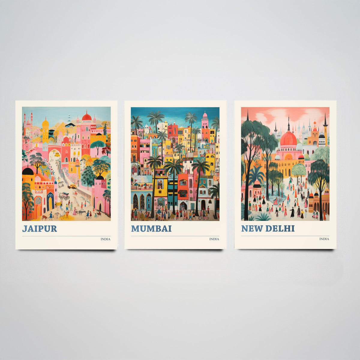 India Set of Three Travel Posters - Jaipur, Mumbai, New Delhi - Ludwig Folk Art Prints - Naive Painting