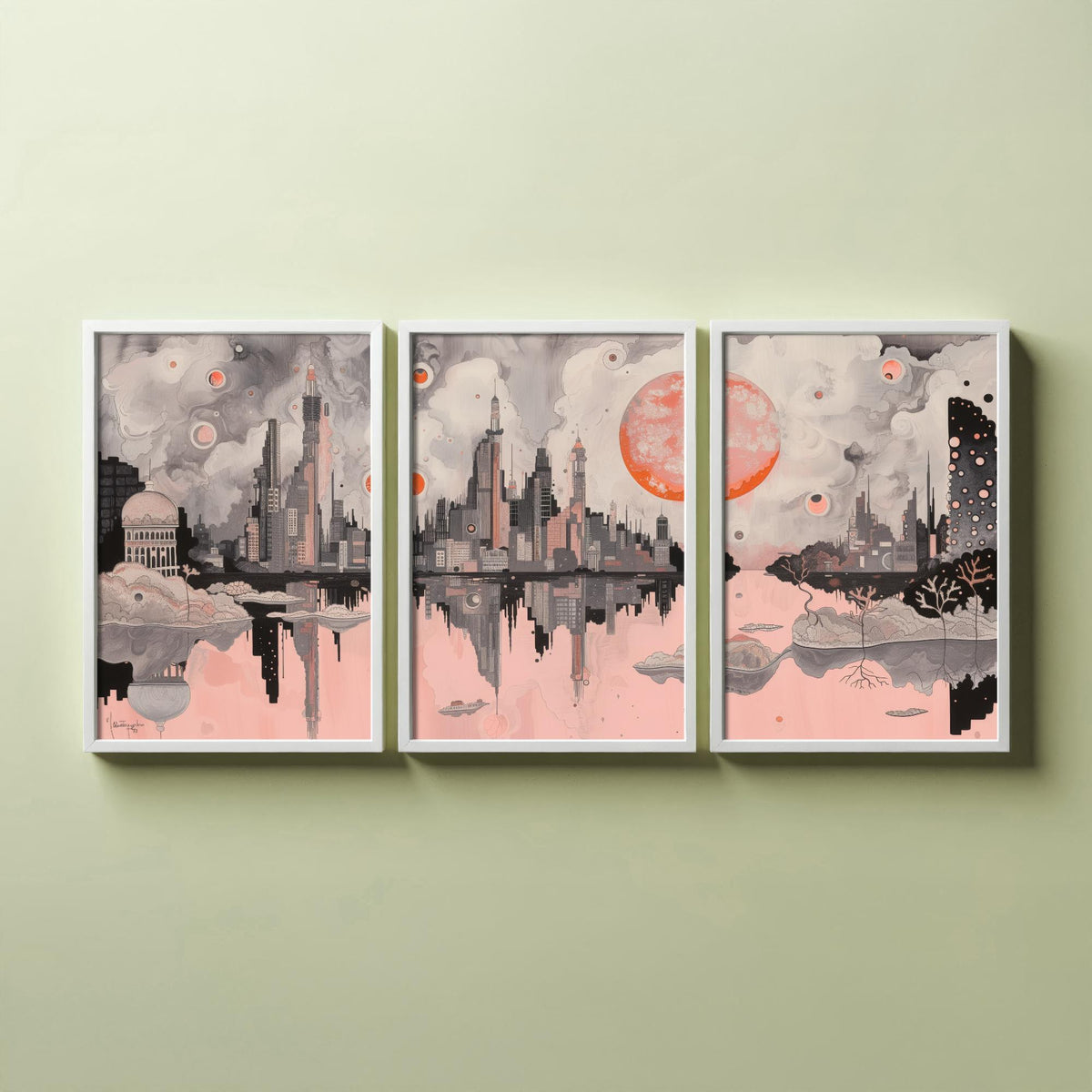 Mumbai Set of Three Art Prints - 3 City Skyline Posters - Pink Grey Illustration Wall Art Gift India Cityscape Panorama Travel Decor