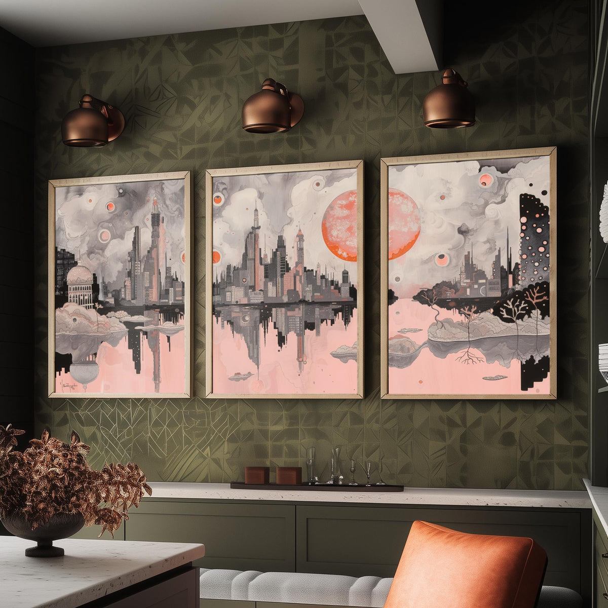 Mumbai Set of Three Art Prints - 3 City Skyline Posters - Pink Grey Illustration Wall Art Gift India Cityscape Panorama Travel Decor