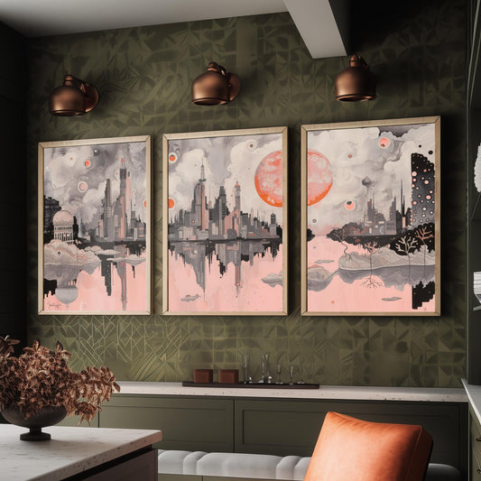 Mumbai Set of Three Art Prints - 3 City Skyline Posters - Pink Grey Illustration Wall Art Gift India Cityscape Panorama Travel Decor