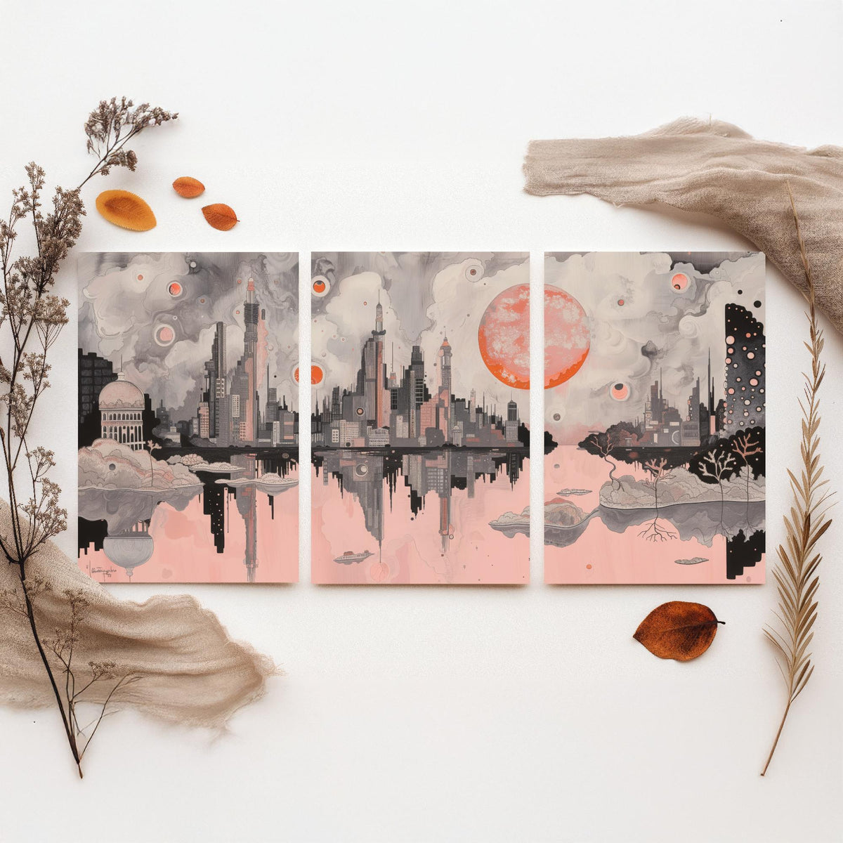 Mumbai Set of Three Art Prints - 3 City Skyline Posters - Pink Grey Illustration Wall Art Gift India Cityscape Panorama Travel Decor