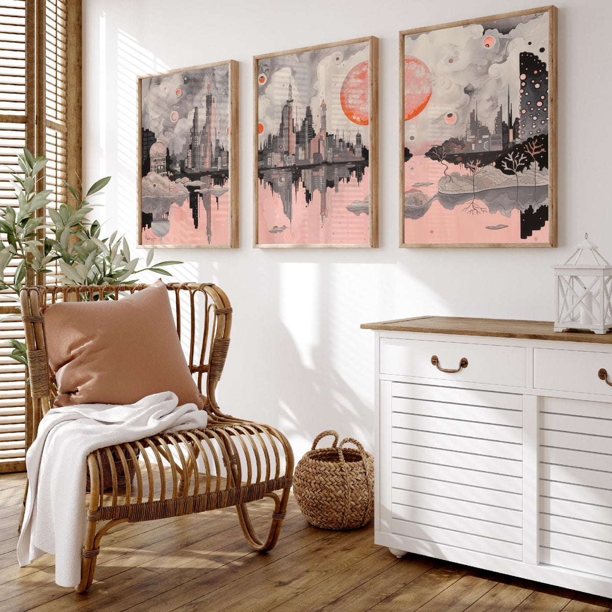 Mumbai Set of Three Art Prints - 3 City Skyline Posters - Pink Grey Illustration Wall Art Gift India Cityscape Panorama Travel Decor