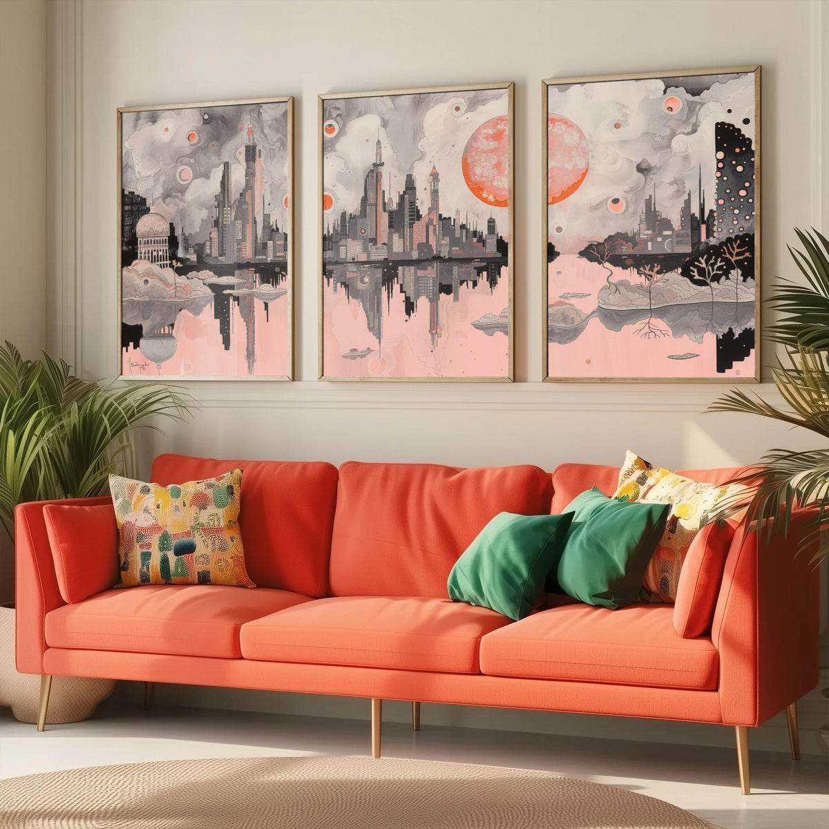 Mumbai Set of Three Art Prints - 3 City Skyline Posters - Pink Grey Illustration Wall Art Gift India Cityscape Panorama Travel Decor