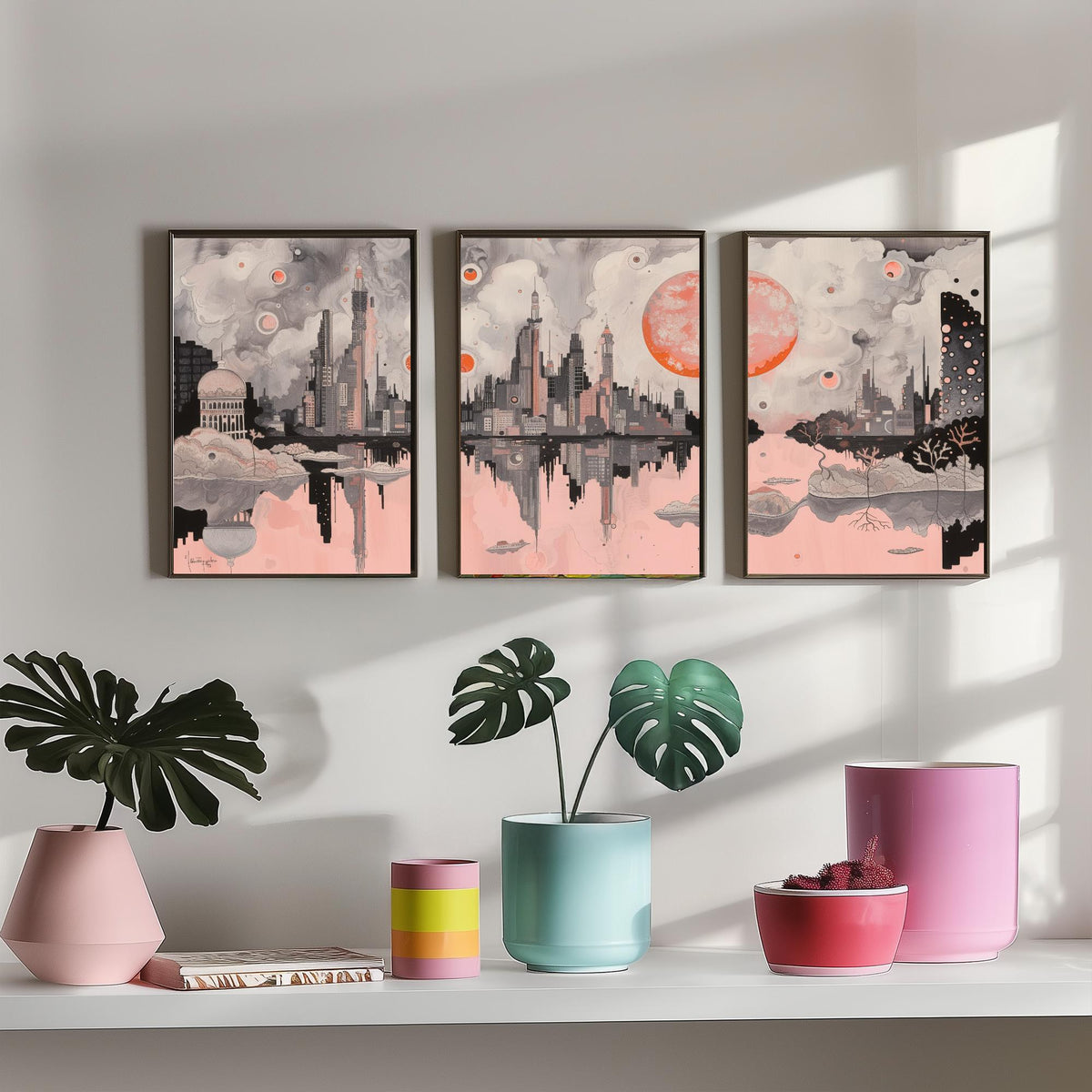 Mumbai Set of Three Art Prints - 3 City Skyline Posters - Pink Grey Illustration Wall Art Gift India Cityscape Panorama Travel Decor