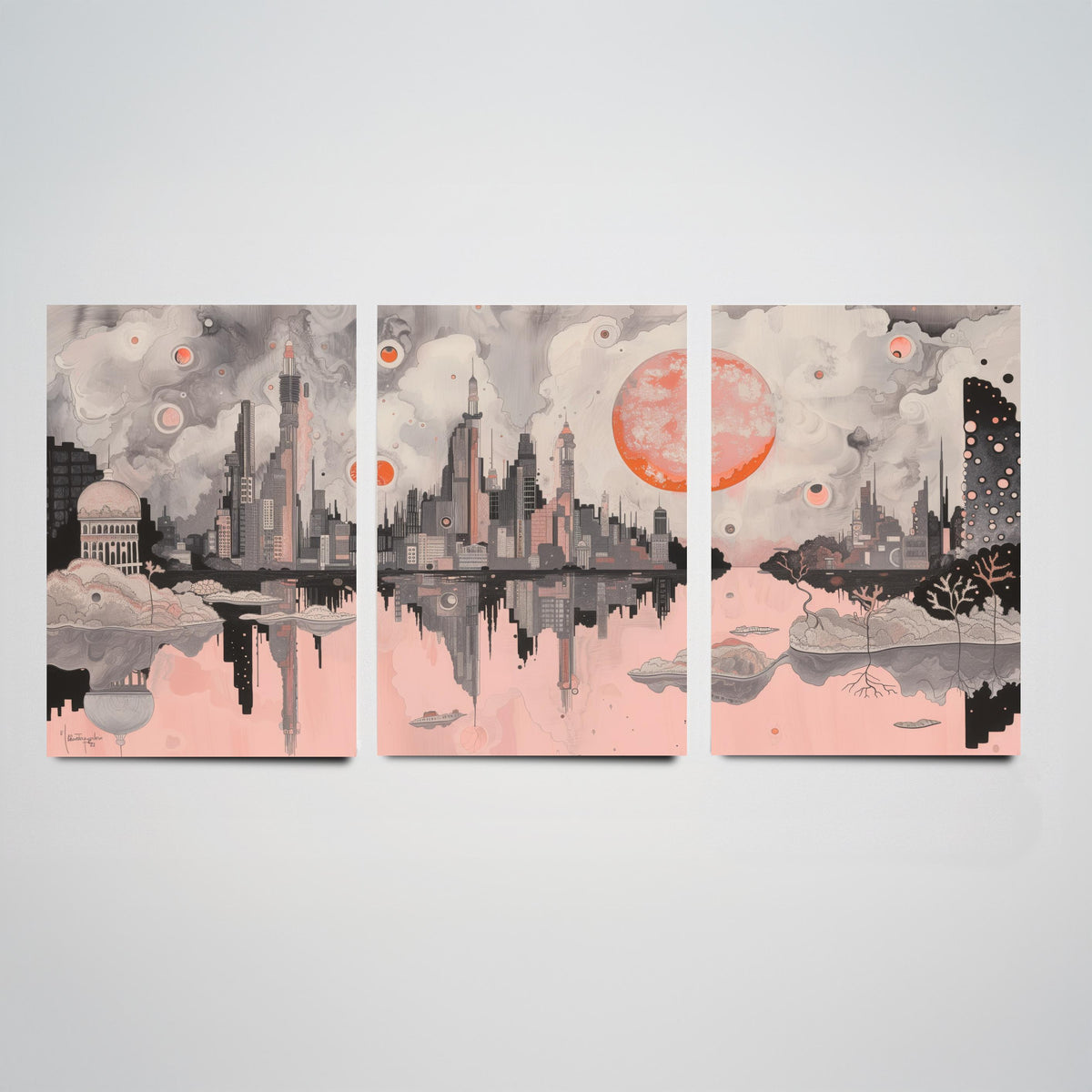 Mumbai Set of Three Art Prints - 3 City Skyline Posters - Pink Grey Illustration Wall Art Gift India Cityscape Panorama Travel Decor