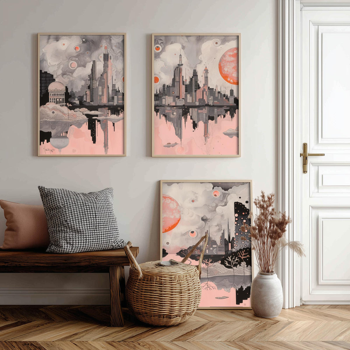Mumbai Set of Three Art Prints - 3 City Skyline Posters - Pink Grey Illustration Wall Art Gift India Cityscape Panorama Travel Decor