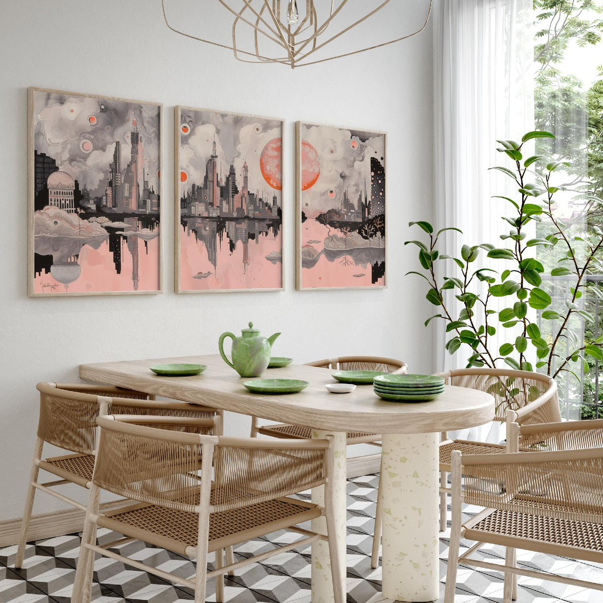 Mumbai Set of Three Art Prints - 3 City Skyline Posters - Pink Grey Illustration Wall Art Gift India Cityscape Panorama Travel Decor
