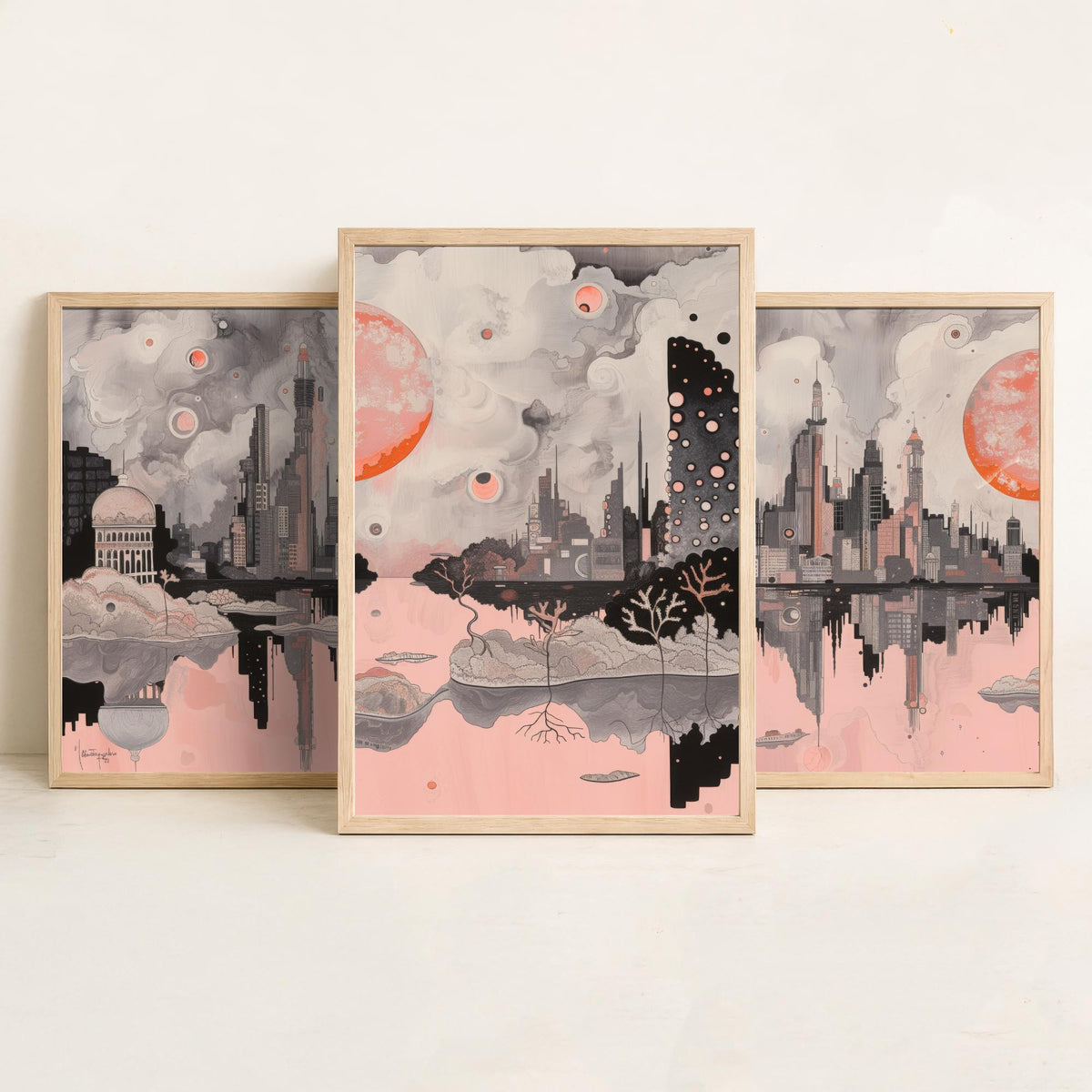Mumbai Set of Three Art Prints - 3 City Skyline Posters - Pink Grey Illustration Wall Art Gift India Cityscape Panorama Travel Decor