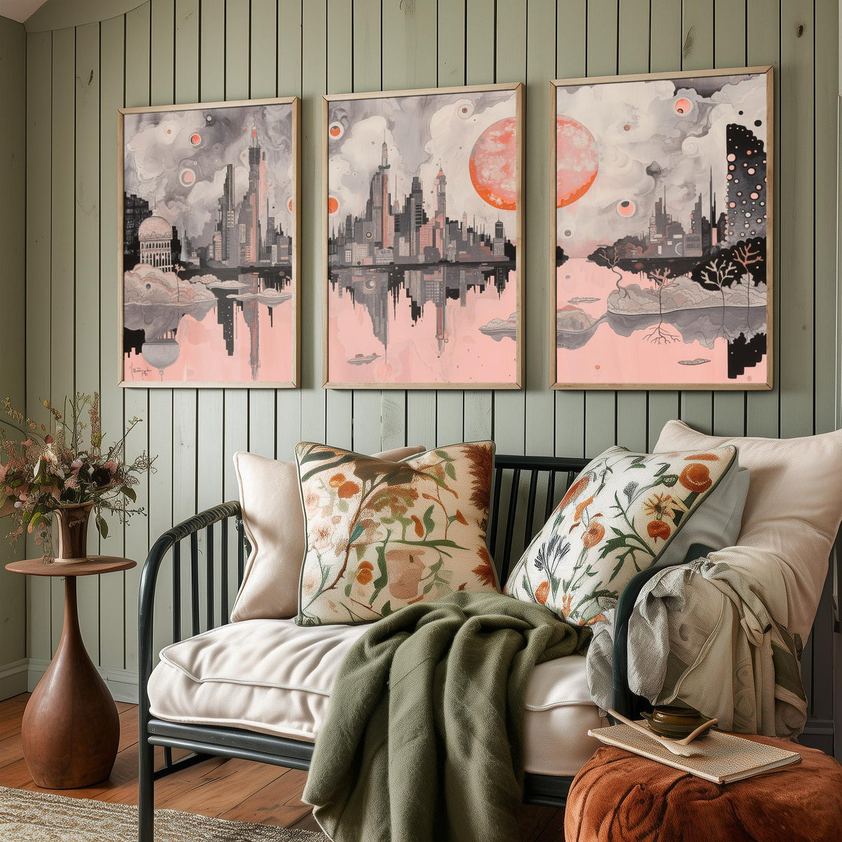 Mumbai Set of Three Art Prints - 3 City Skyline Posters - Pink Grey Illustration Wall Art Gift India Cityscape Panorama Travel Decor