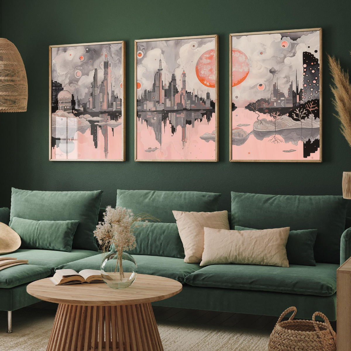 Mumbai Set of Three Art Prints - 3 City Skyline Posters - Pink Grey Illustration Wall Art Gift India Cityscape Panorama Travel Decor