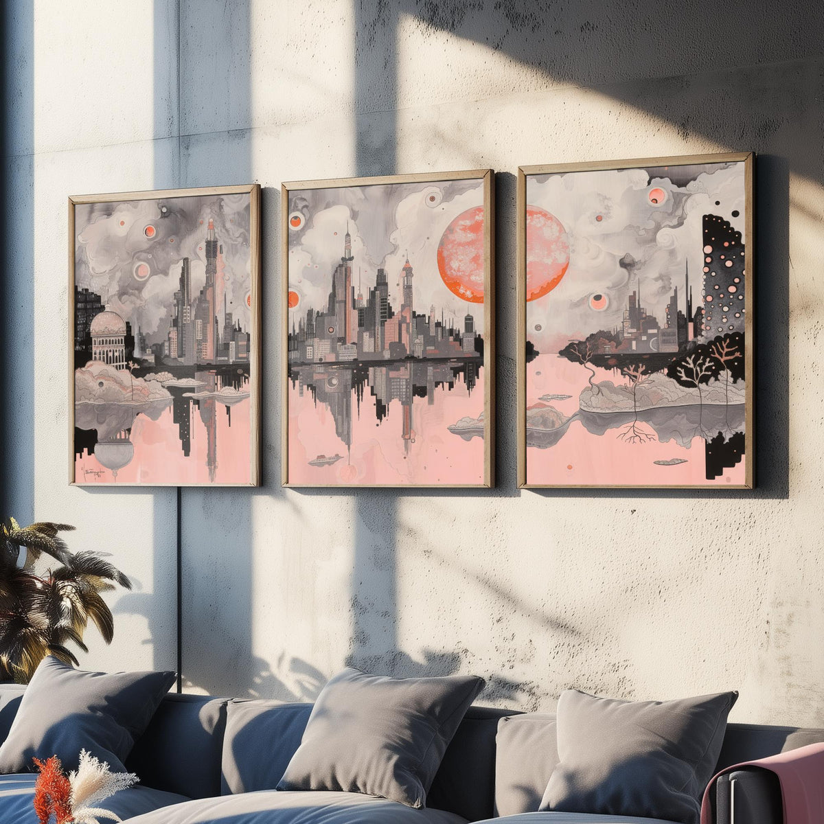 Mumbai Set of Three Art Prints - 3 City Skyline Posters - Pink Grey Illustration Wall Art Gift India Cityscape Panorama Travel Decor