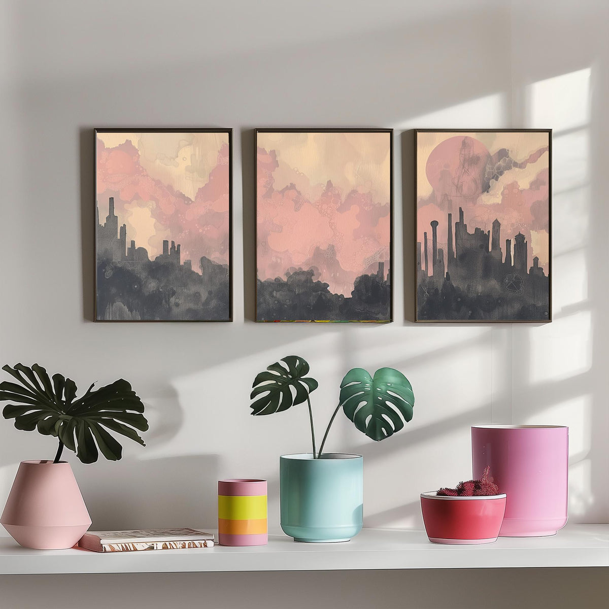 Mumbai Set of Three Art Prints - 3 Misty Skyline Posters - Pink Grey Painting Wall Art Gift India Cityscape Panorama Dreamy Decor V2