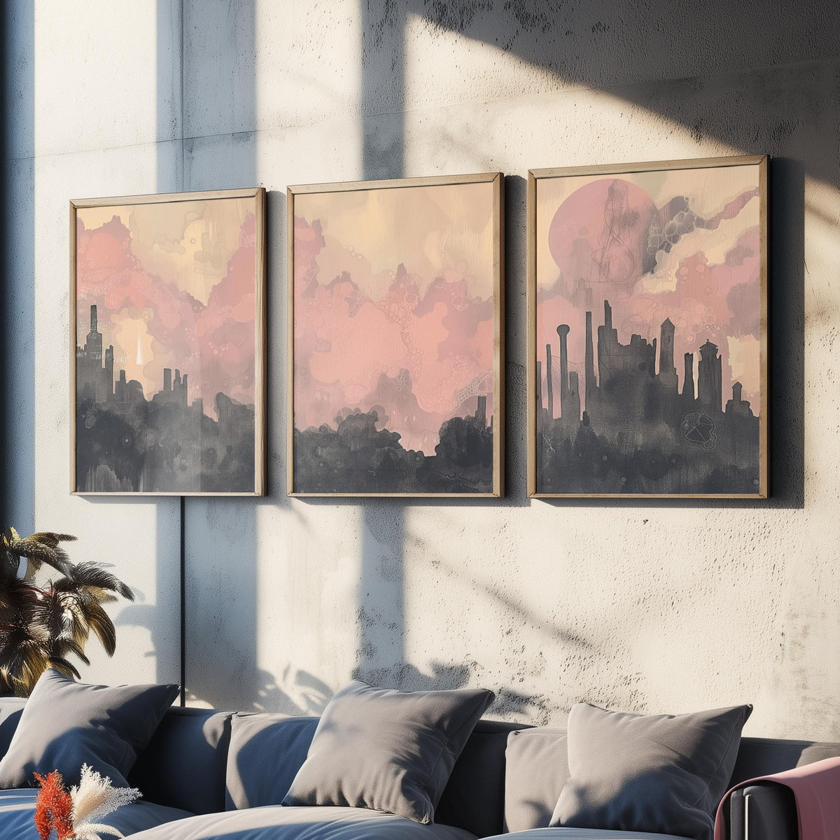 Mumbai Set of Three Art Prints - 3 Misty Skyline Posters - Pink Grey Painting Wall Art Gift India Cityscape Panorama Dreamy Decor V2