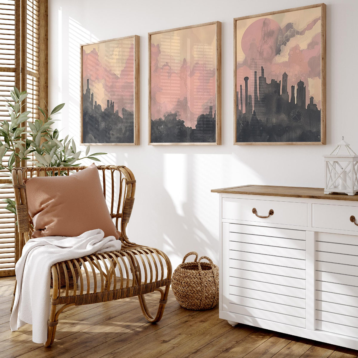 Mumbai Set of Three Art Prints - 3 Misty Skyline Posters - Pink Grey Painting Wall Art Gift India Cityscape Panorama Dreamy Decor V2