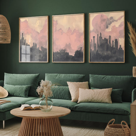 Mumbai Set of Three Art Prints - 3 Misty Skyline Posters - Pink Grey Painting Wall Art Gift India Cityscape Panorama Dreamy Decor V2