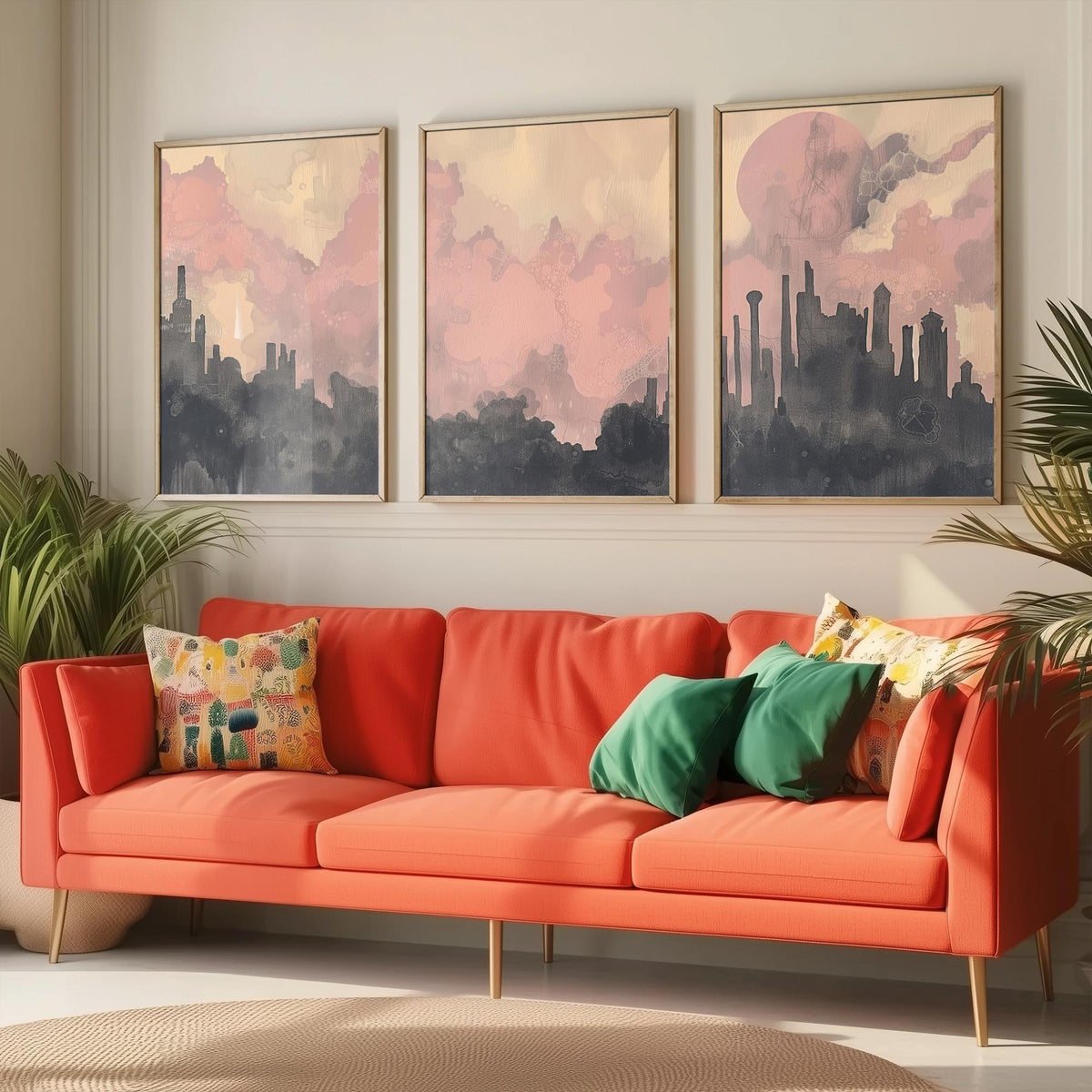 Mumbai Set of Three Art Prints - 3 Misty Skyline Posters - Pink Grey Painting Wall Art Gift India Cityscape Panorama Dreamy Decor V2