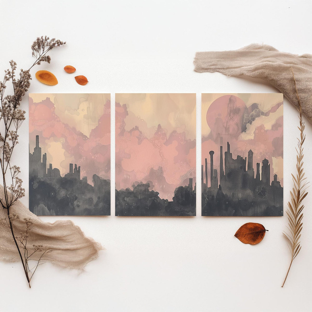 Mumbai Set of Three Art Prints - 3 Misty Skyline Posters - Pink Grey Painting Wall Art Gift India Cityscape Panorama Dreamy Decor V2