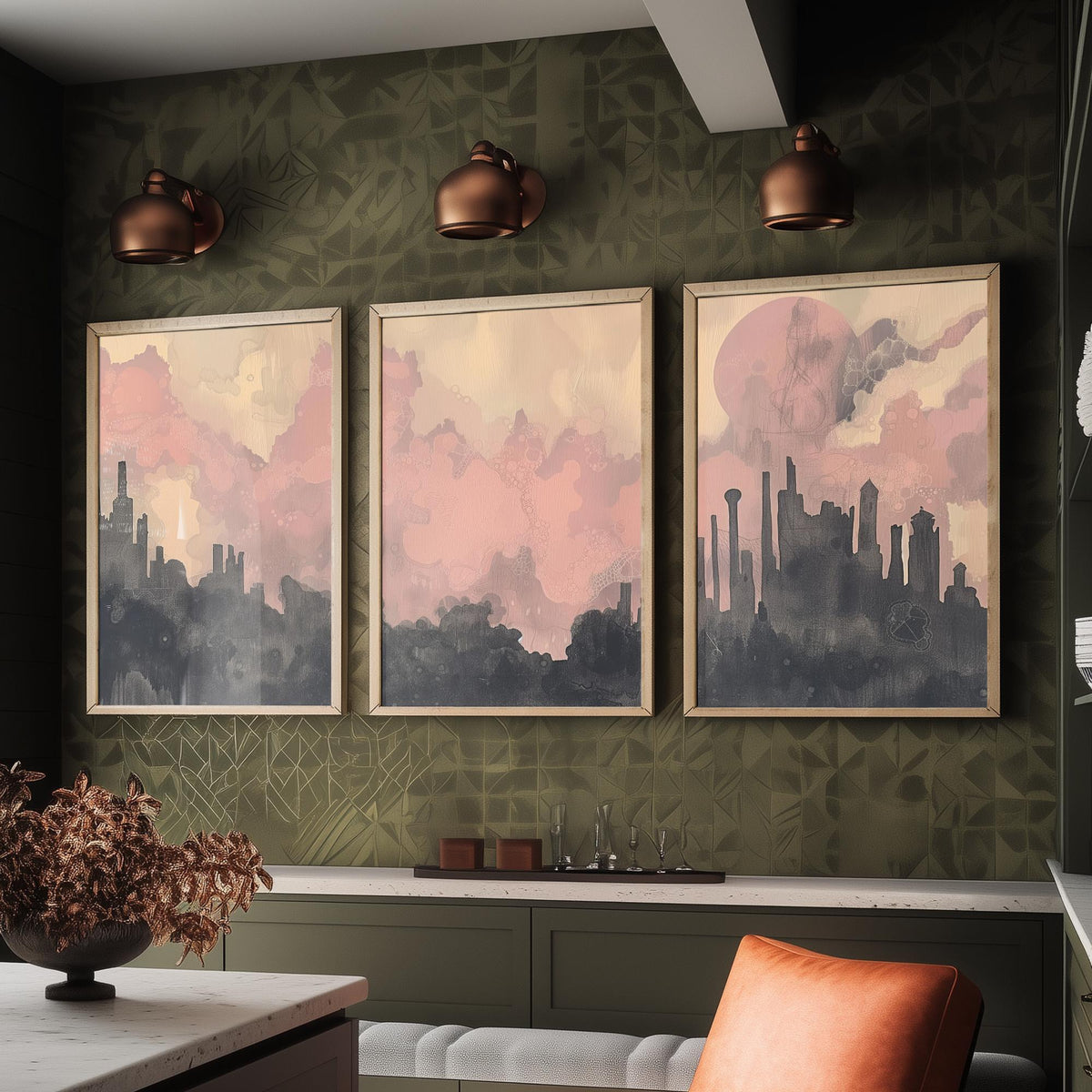 Mumbai Set of Three Art Prints - 3 Misty Skyline Posters - Pink Grey Painting Wall Art Gift India Cityscape Panorama Dreamy Decor V2