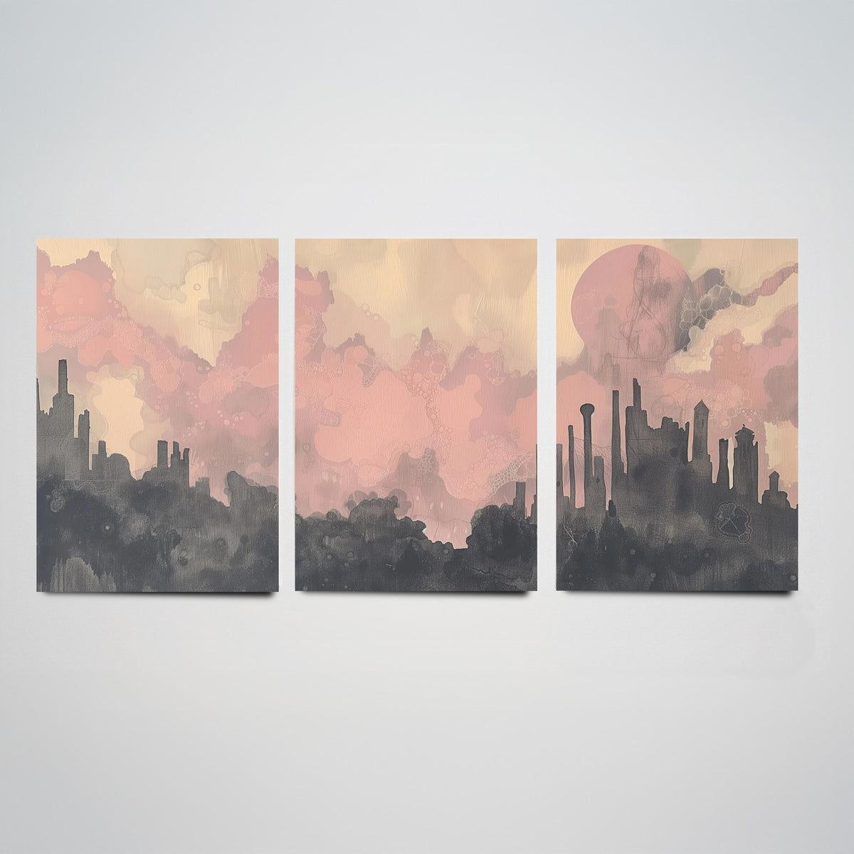 Mumbai Set of Three Art Prints - 3 Misty Skyline Posters - Pink Grey Painting Wall Art Gift India Cityscape Panorama Dreamy Decor V2