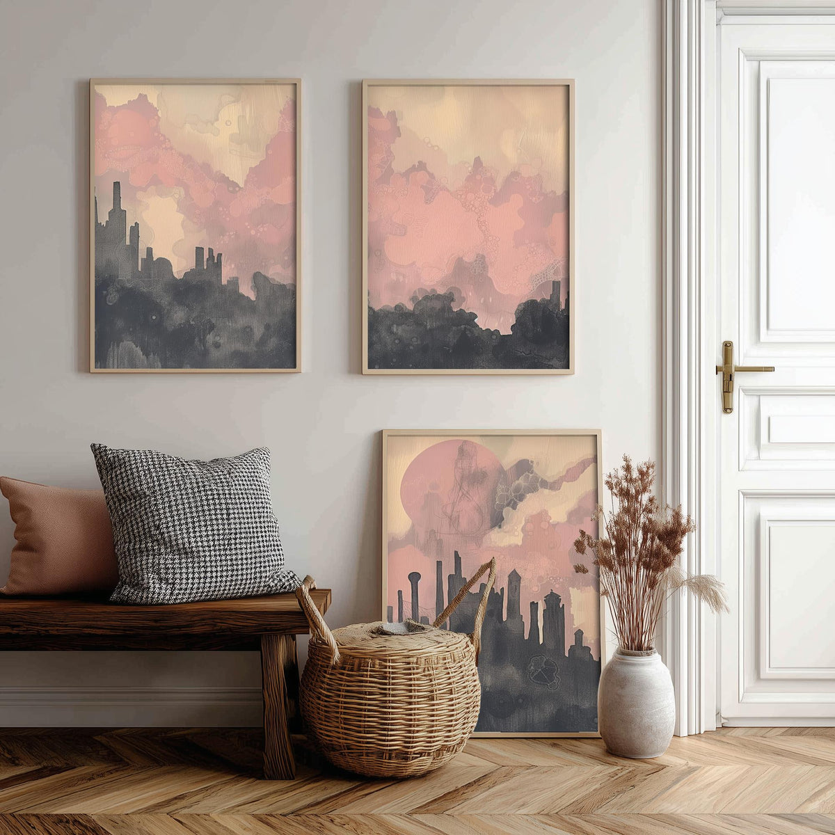 Mumbai Set of Three Art Prints - 3 Misty Skyline Posters - Pink Grey Painting Wall Art Gift India Cityscape Panorama Dreamy Decor V2