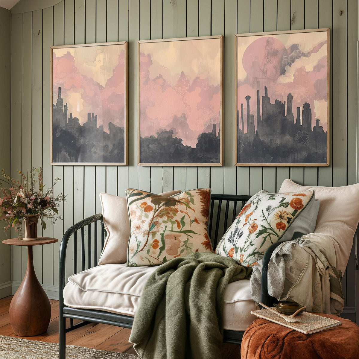 Mumbai Set of Three Art Prints - 3 Misty Skyline Posters - Pink Grey Painting Wall Art Gift India Cityscape Panorama Dreamy Decor V2