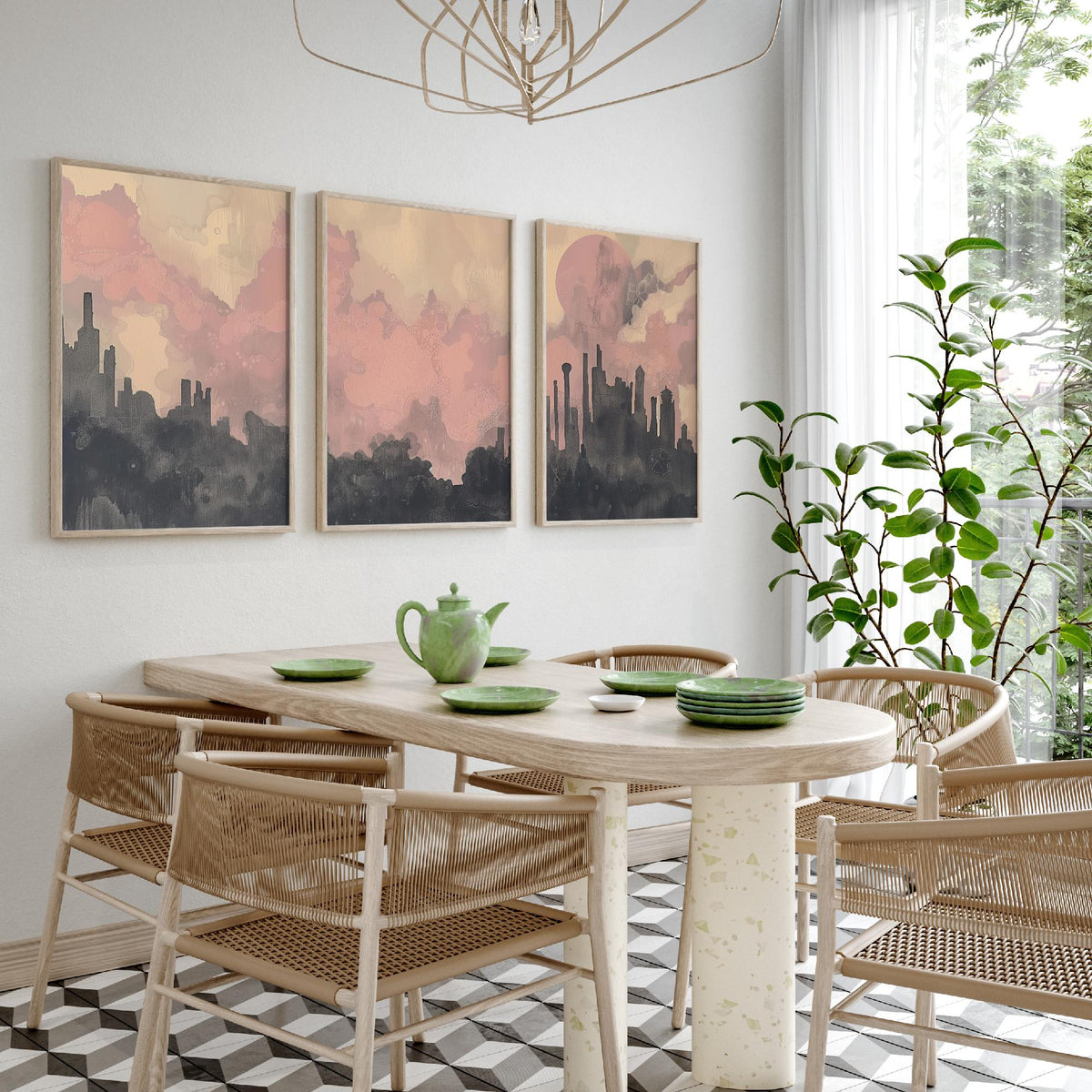 Mumbai Set of Three Art Prints - 3 Misty Skyline Posters - Pink Grey Painting Wall Art Gift India Cityscape Panorama Dreamy Decor V2