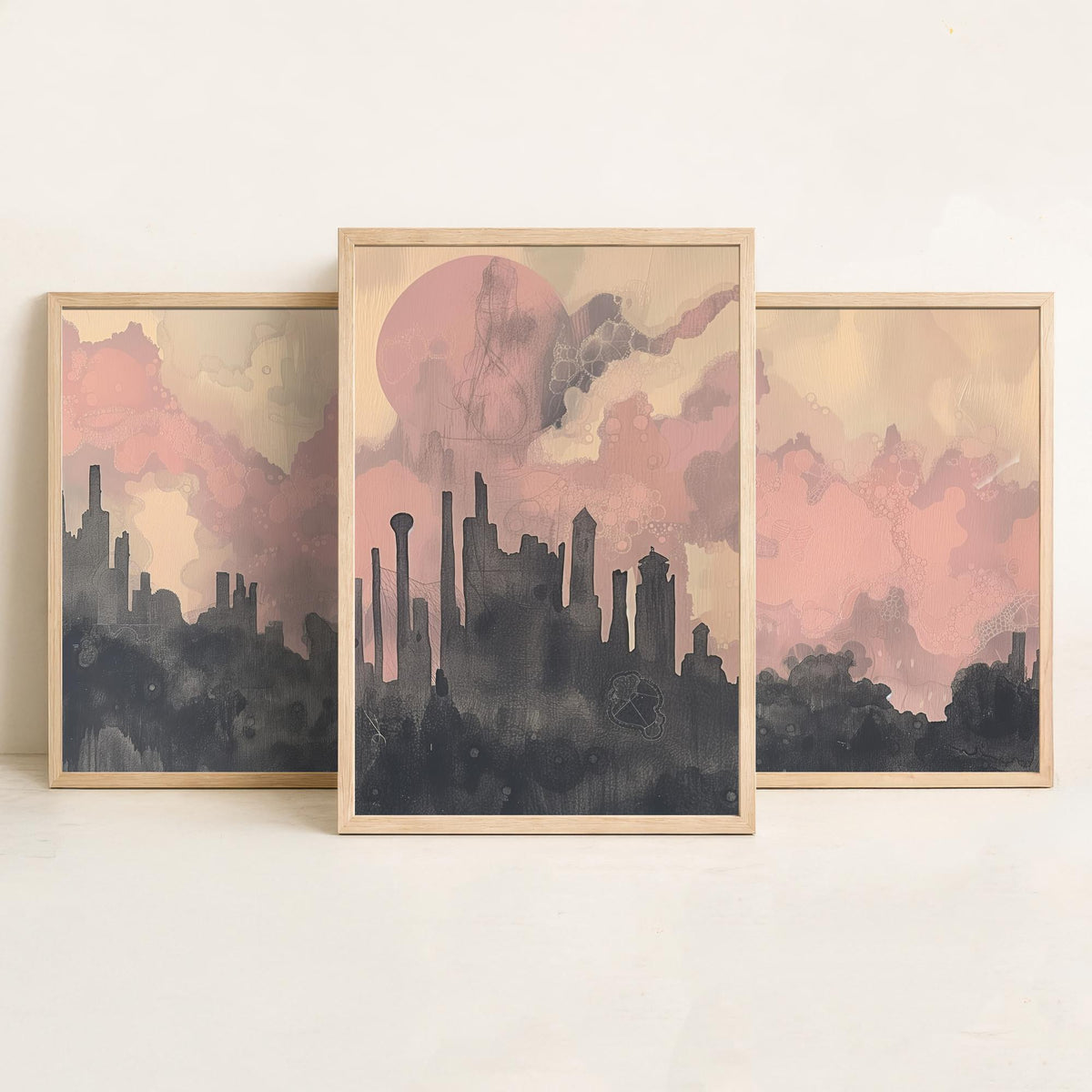 Mumbai Set of Three Art Prints - 3 Misty Skyline Posters - Pink Grey Painting Wall Art Gift India Cityscape Panorama Dreamy Decor V2
