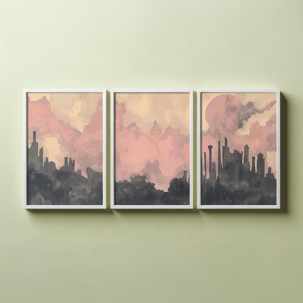 Mumbai Set of Three Art Prints - 3 Misty Skyline Posters - Pink Grey Painting Wall Art Gift India Cityscape Panorama Dreamy Decor V2