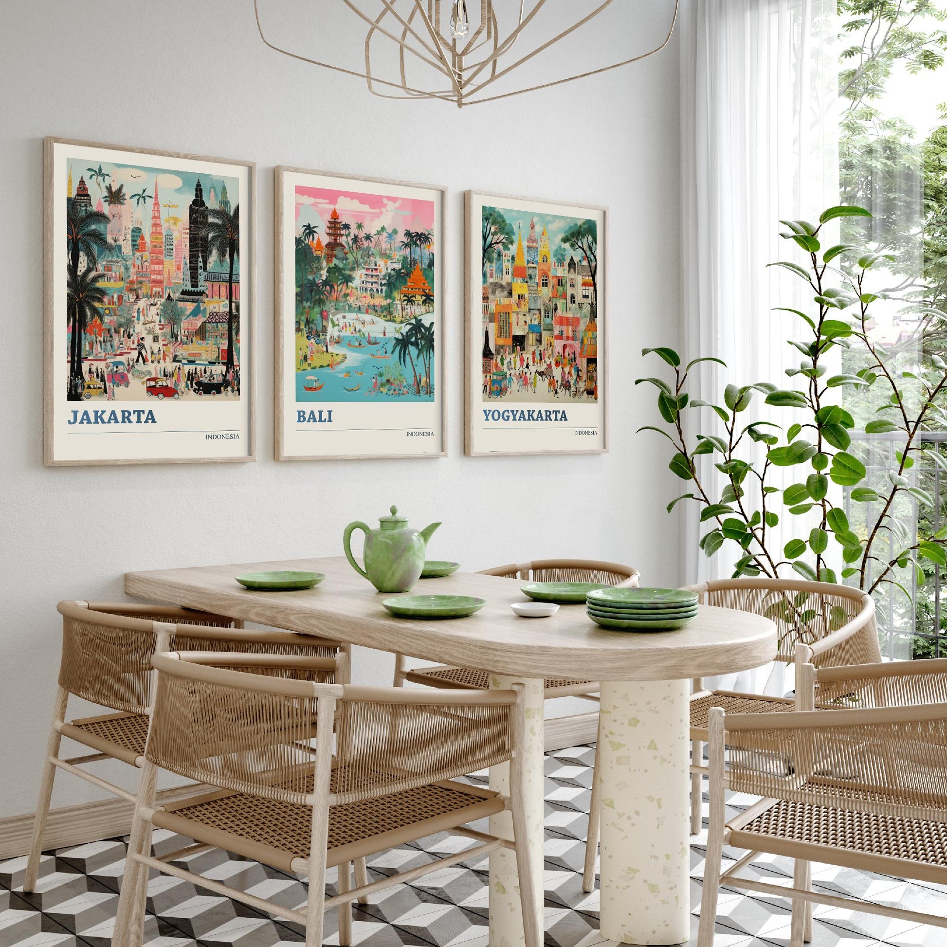 Indonesia Set of Three Travel Posters - Jakarta, Bali, Yogyakarta - Vibrant Art Print Painting Gift Indonesian Wall Art Cityscape