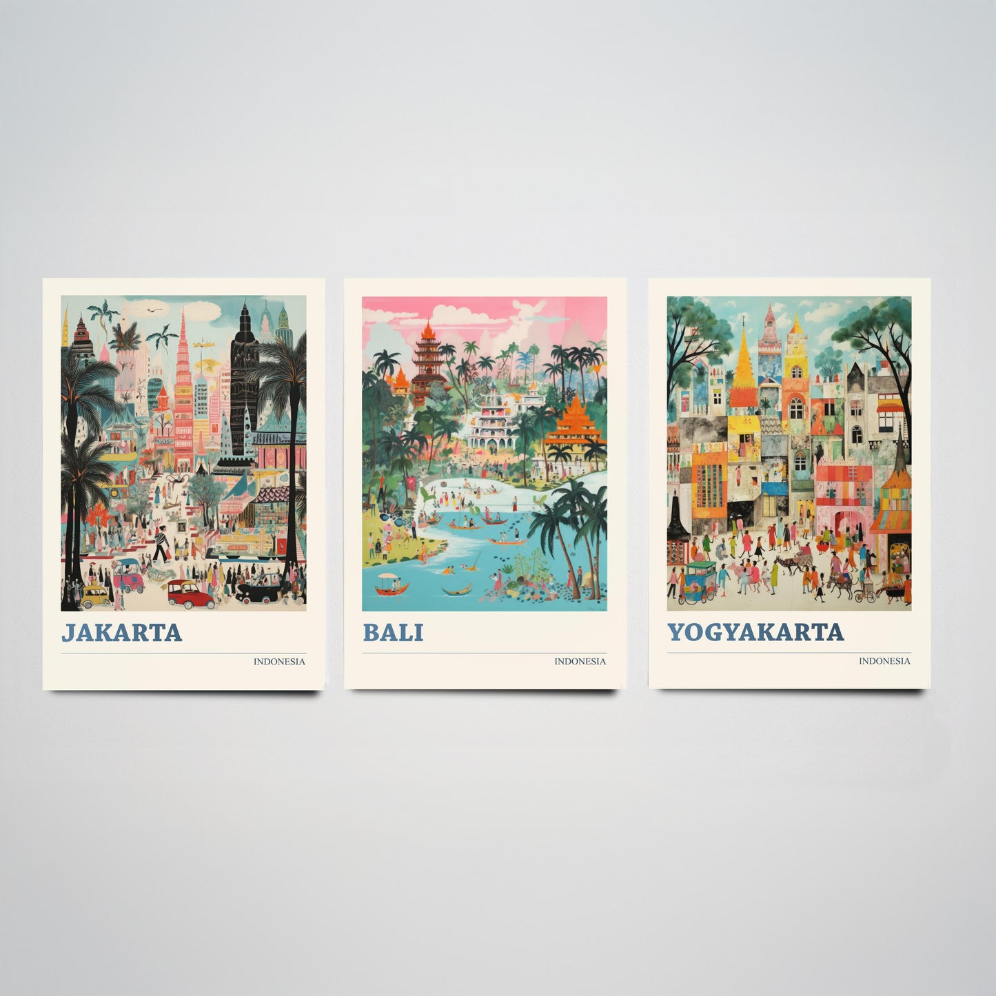 Indonesia Set of Three Travel Posters - Jakarta, Bali, Yogyakarta - Vibrant Art Print Painting Gift Indonesian Wall Art Cityscape