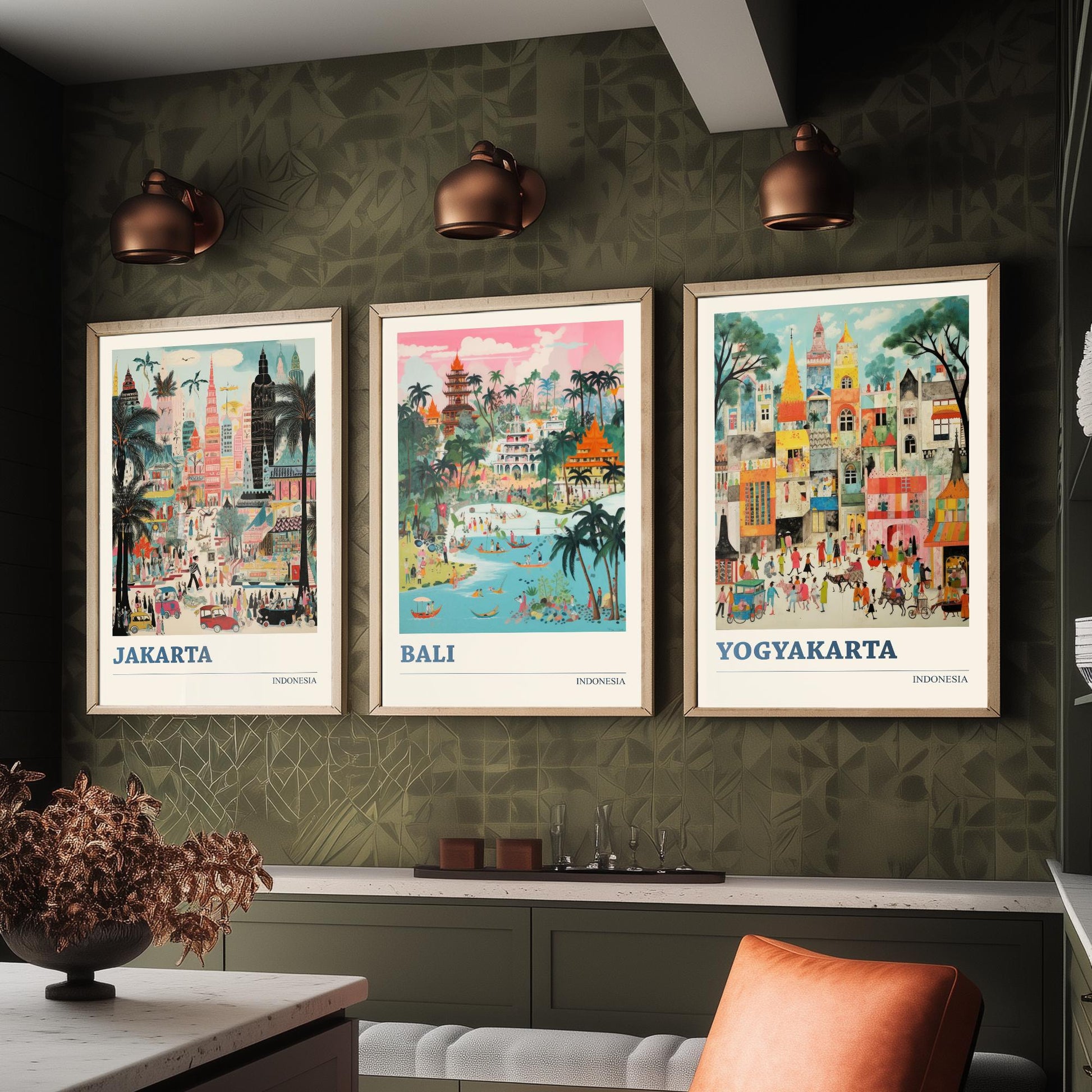 Indonesia Set of Three Travel Posters - Jakarta, Bali, Yogyakarta - Vibrant Art Print Painting Gift Indonesian Wall Art Cityscape