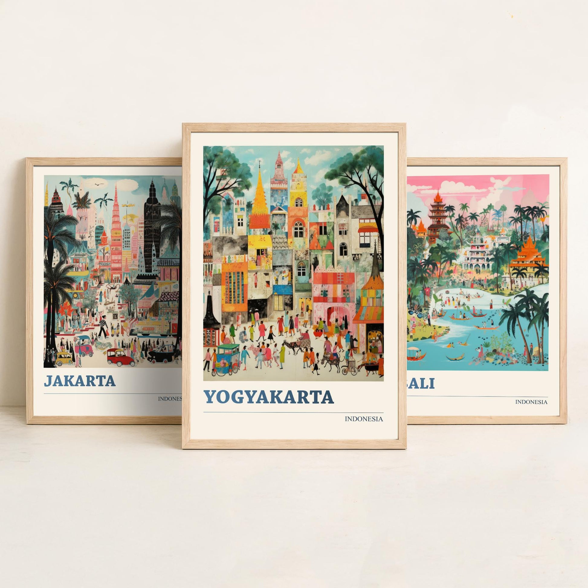 Indonesia Set of Three Travel Posters - Jakarta, Bali, Yogyakarta - Vibrant Art Print Painting Gift Indonesian Wall Art Cityscape