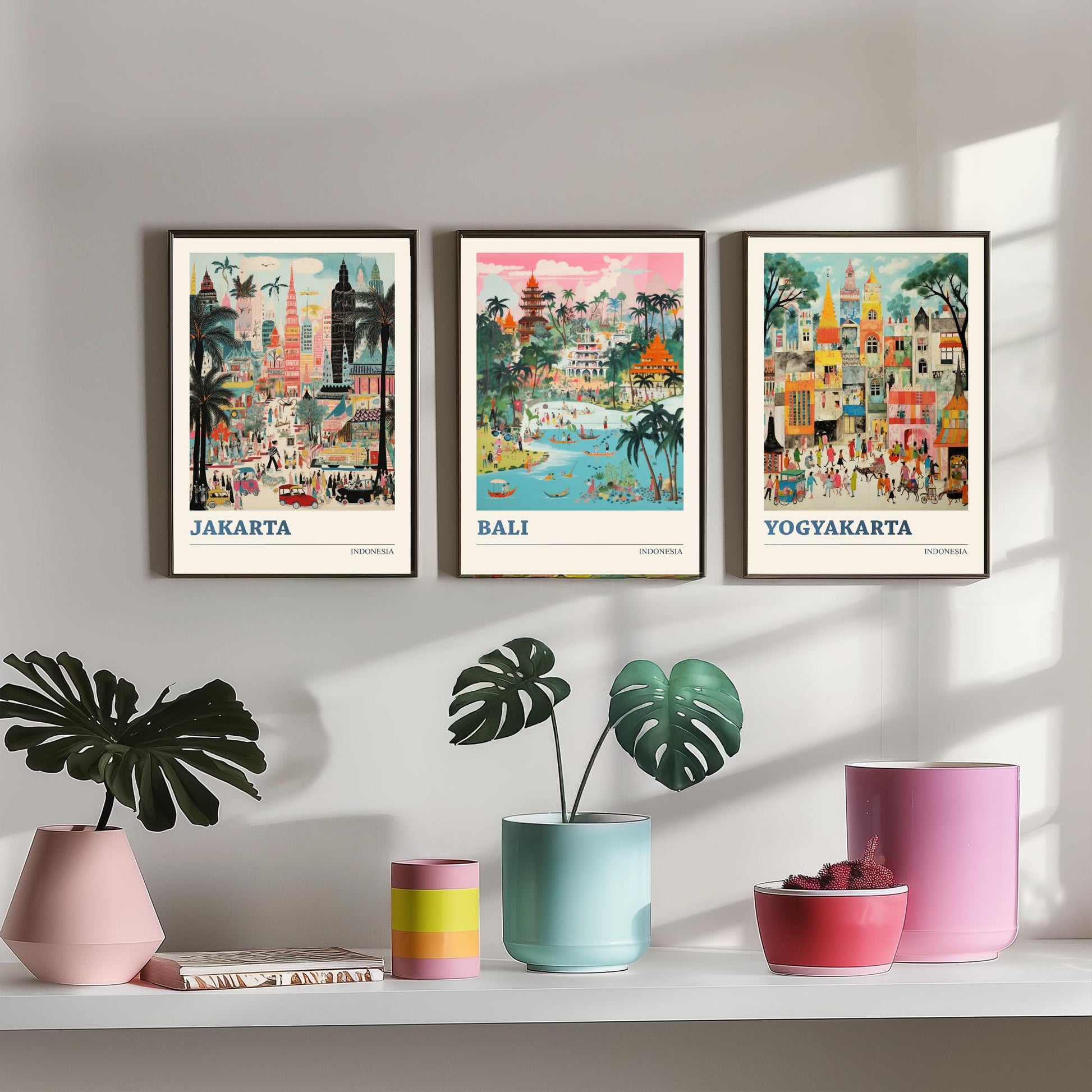 Indonesia Set of Three Travel Posters - Jakarta, Bali, Yogyakarta - Vibrant Art Print Painting Gift Indonesian Wall Art Cityscape