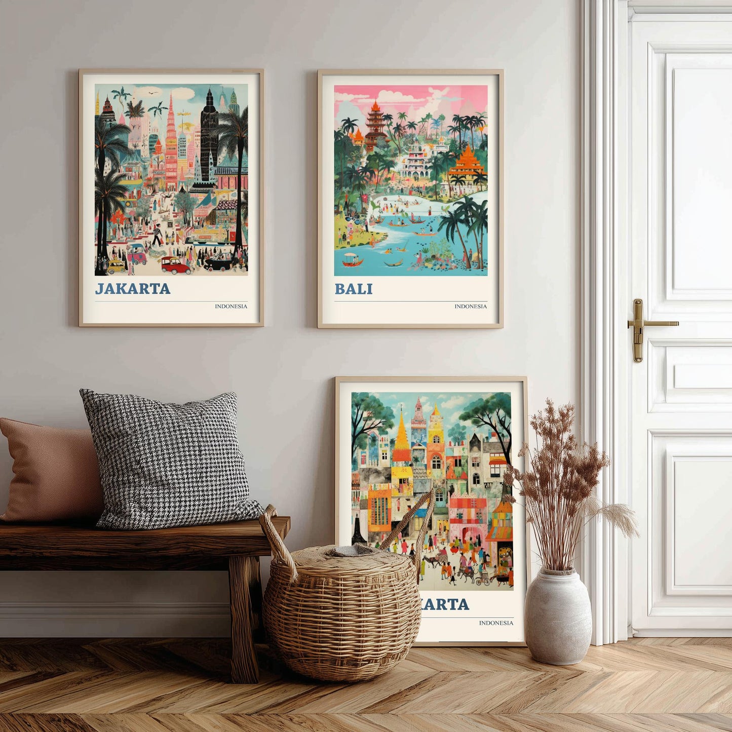Indonesia Set of Three Travel Posters - Jakarta, Bali, Yogyakarta - Vibrant Art Print Painting Gift Indonesian Wall Art Cityscape