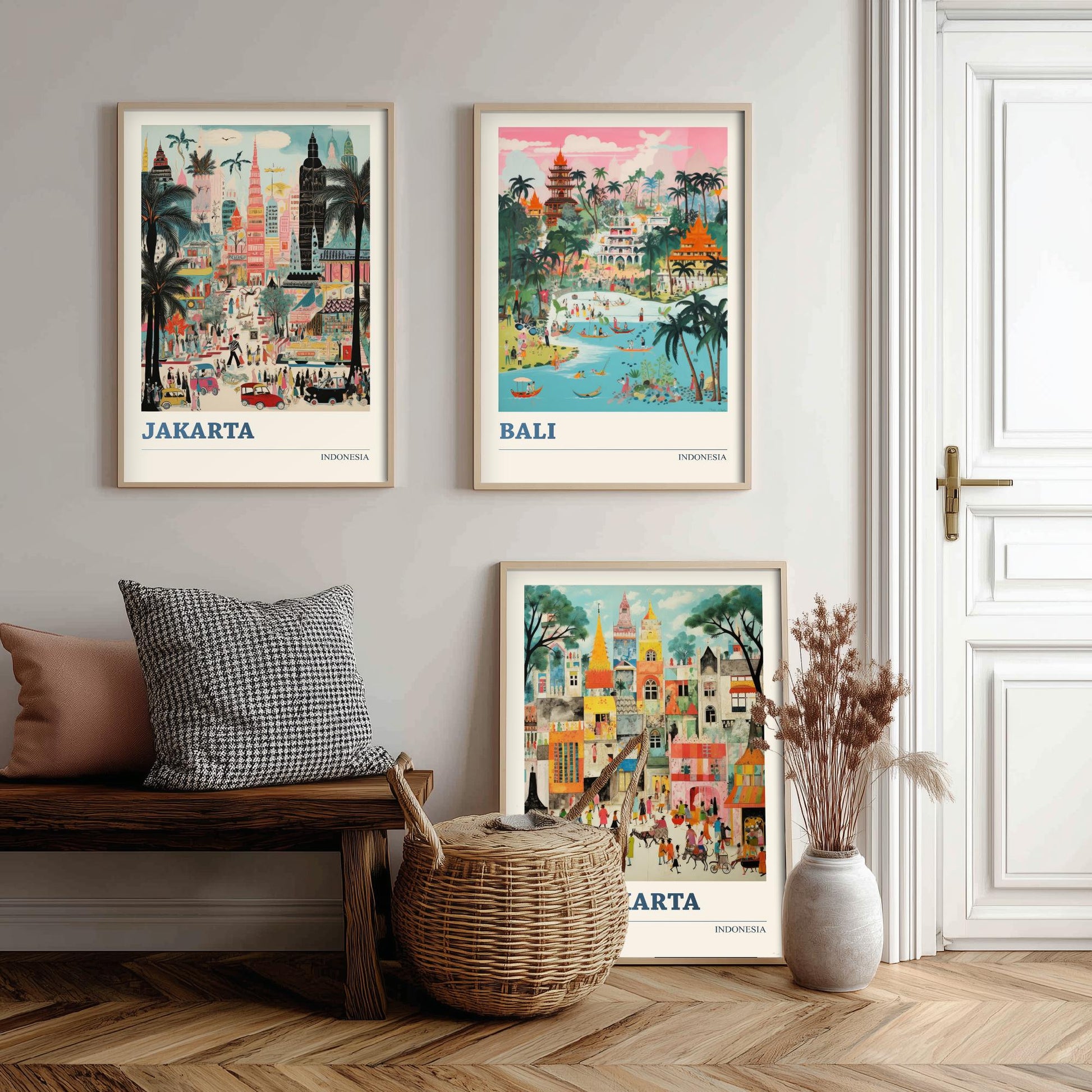 Indonesia Set of Three Travel Posters - Jakarta, Bali, Yogyakarta - Vibrant Art Print Painting Gift Indonesian Wall Art Cityscape