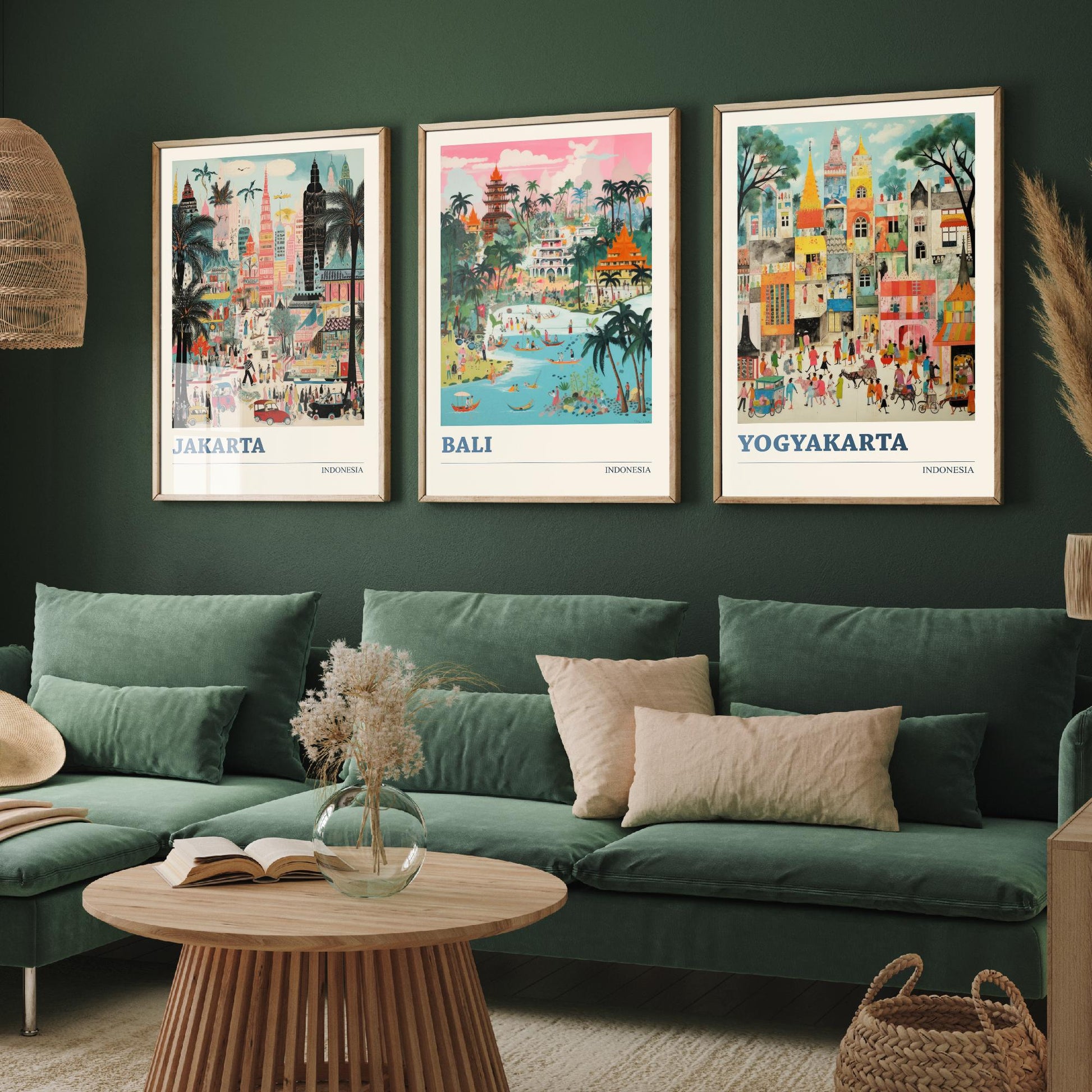 Indonesia Set of Three Travel Posters - Jakarta, Bali, Yogyakarta - Vibrant Art Print Painting Gift Indonesian Wall Art Cityscape