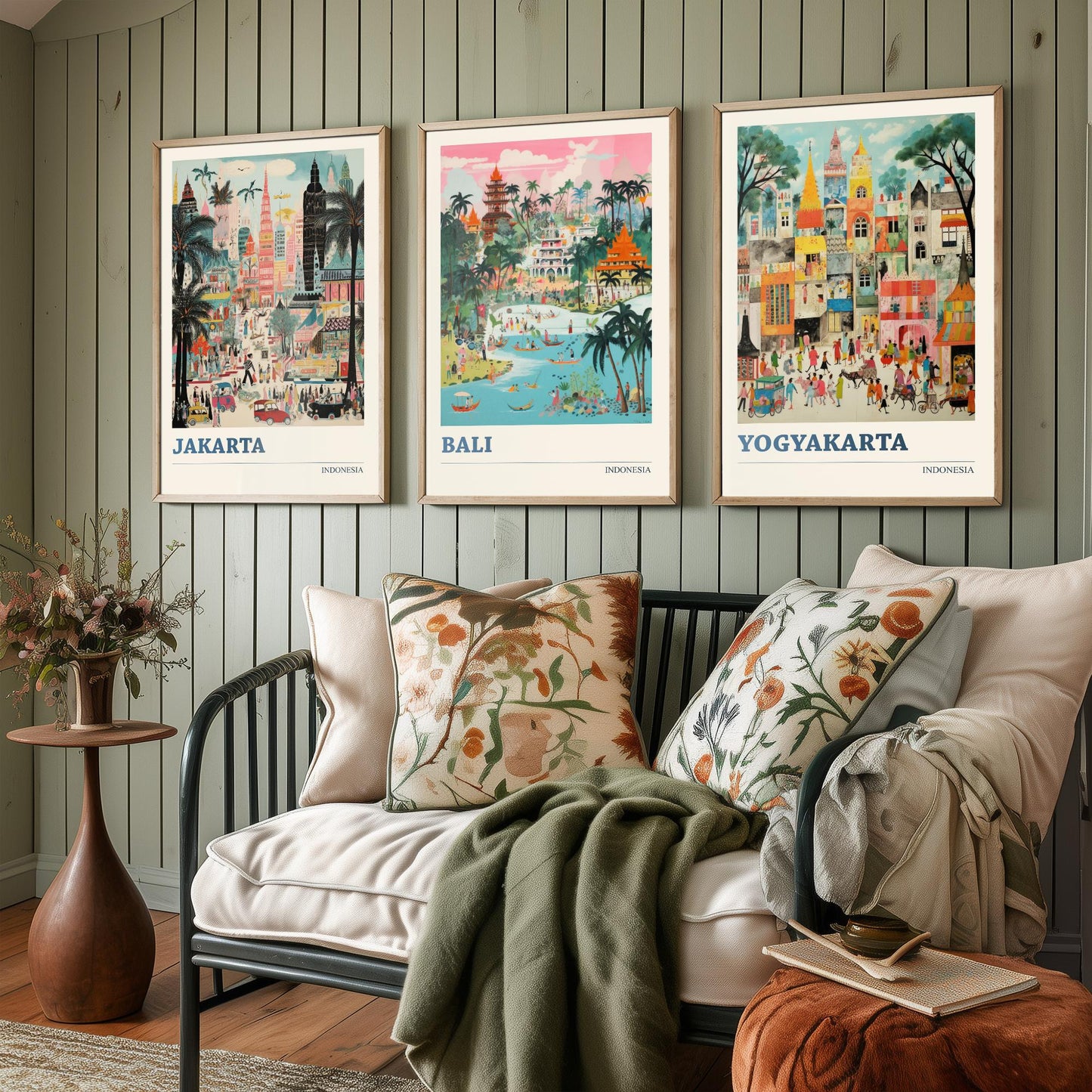 Indonesia Set of Three Travel Posters - Jakarta, Bali, Yogyakarta - Vibrant Art Print Painting Gift Indonesian Wall Art Cityscape