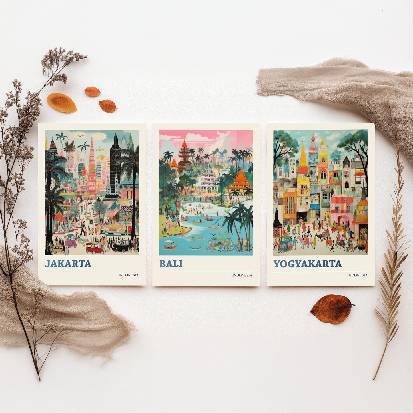 Indonesia Set of Three Travel Posters - Jakarta, Bali, Yogyakarta - Vibrant Art Print Painting Gift Indonesian Wall Art Cityscape