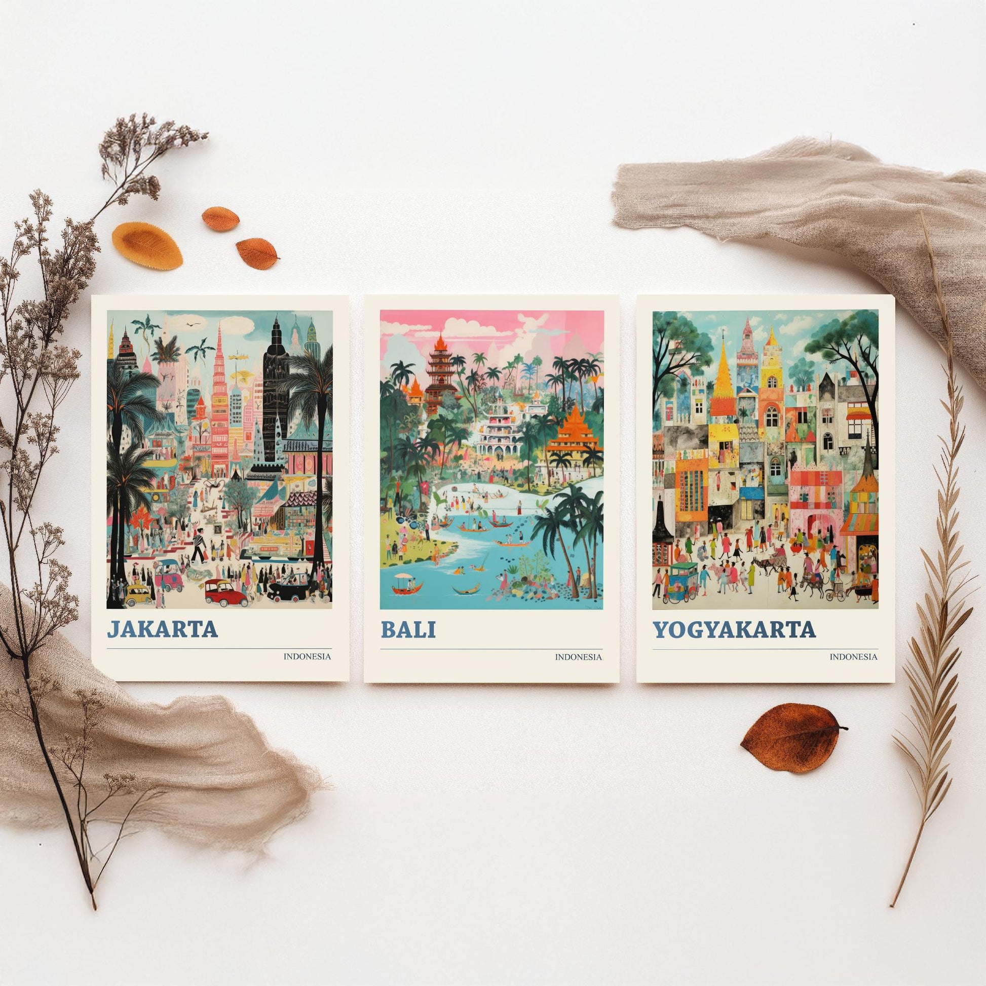 Indonesia Set of Three Travel Posters - Jakarta, Bali, Yogyakarta - Vibrant Art Print Painting Gift Indonesian Wall Art Cityscape